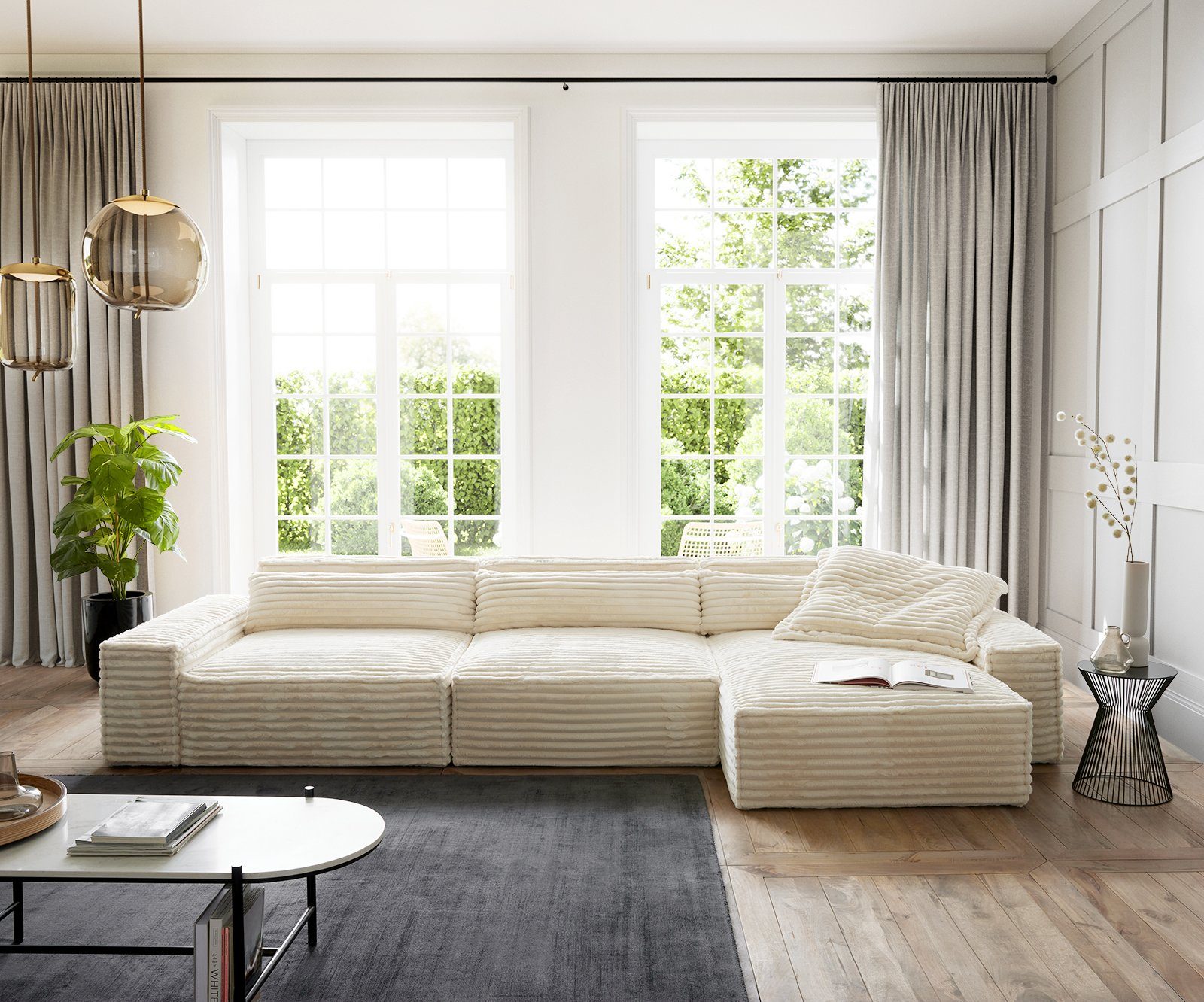 DELIFE Ecksofa Sirpio, XL Plüschcord Beige 370x170 cm Recamiere variabel günstig online kaufen