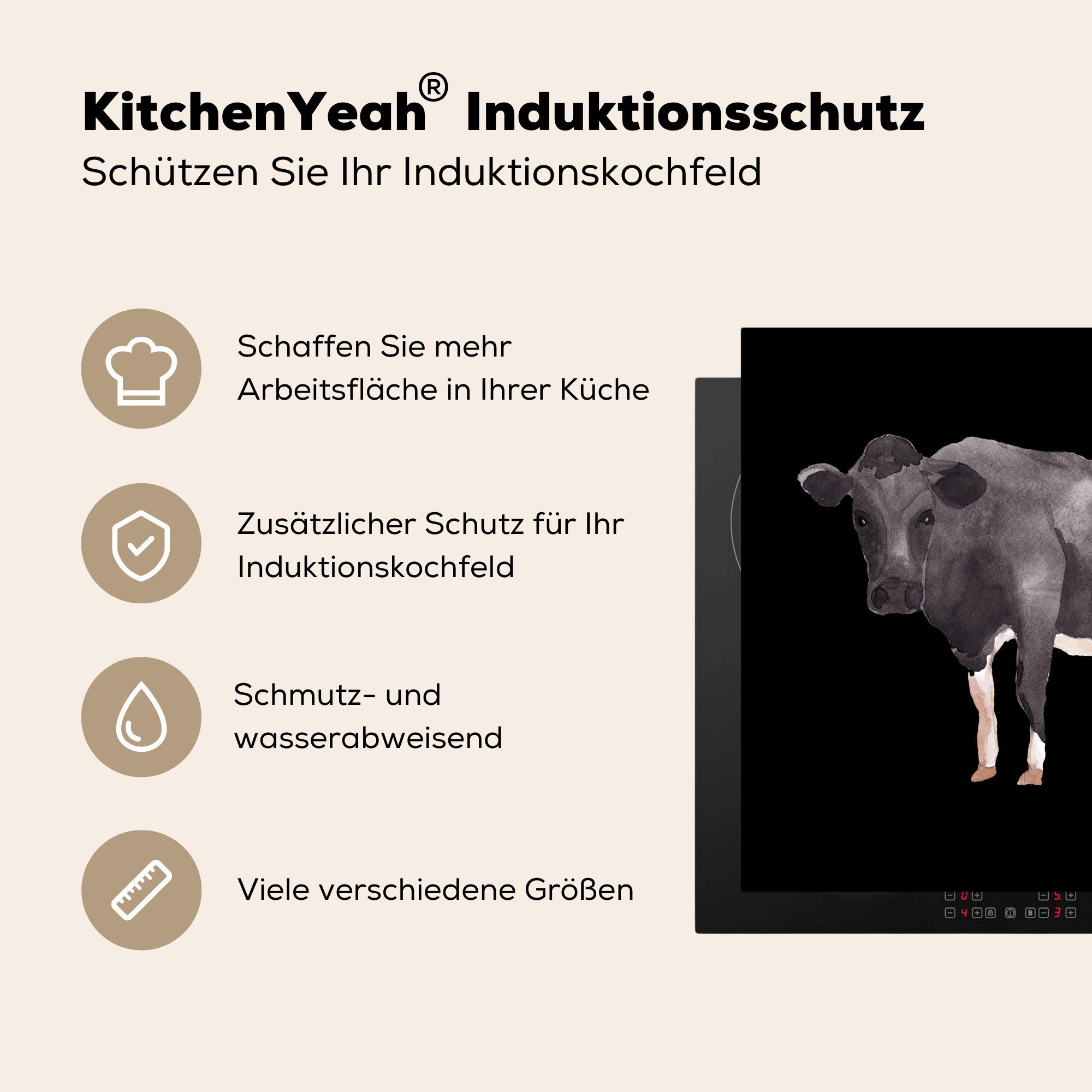 Herdblende-/Abdeckplatte Weiß, MuchoWow (1 - tlg), küche - Vinyl, Ceranfeldabdeckung, für Schwarz Kuh 78x78 cm, Arbeitsplatte
