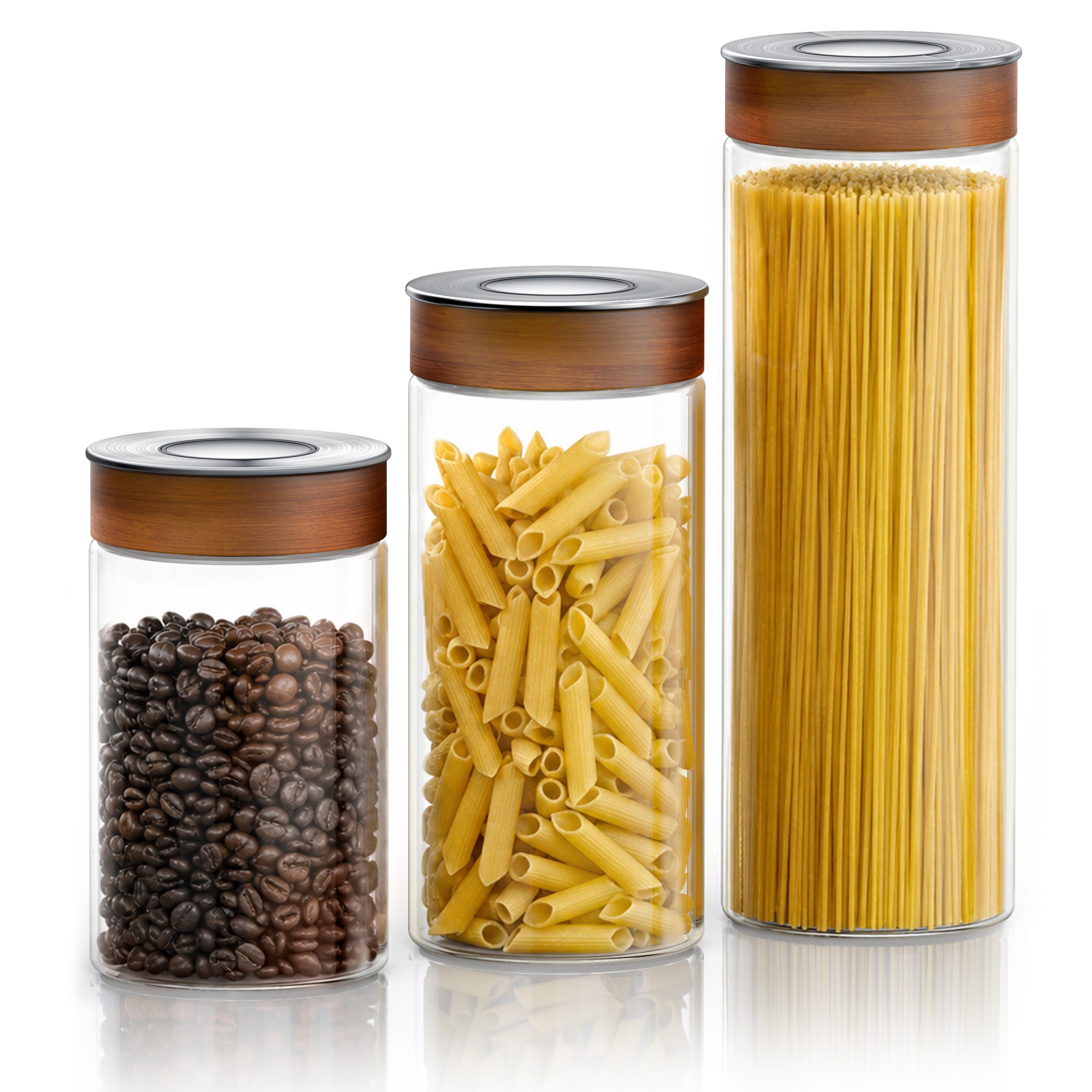 Arendo Vorratsglas mit Klickdeckel, luftdicht, Akazienholz-Ring, Borosilikatglas, (Set, 3-tlg., 1000 / 1300 / 1700 ml), Vorratsdosen mit Deckel für Kaffee, Tee und Müsli