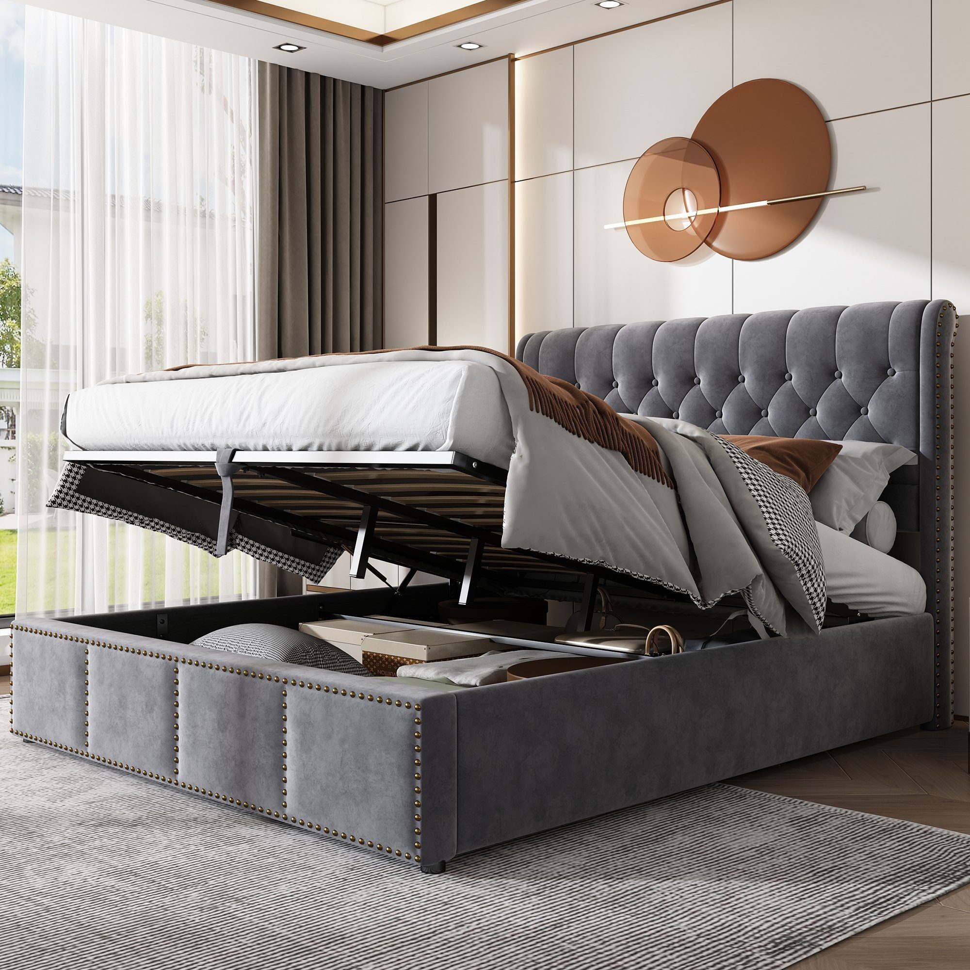 Odikalo Stauraumbett Polsterbett mit Stauraum 140/180x200 cm (Linen Doppelbett mit hydraulischem Lattenrost & gepolstertem Kopfteil in Chesterfield-Optik, Grau/WeiB, ohne Matratze)