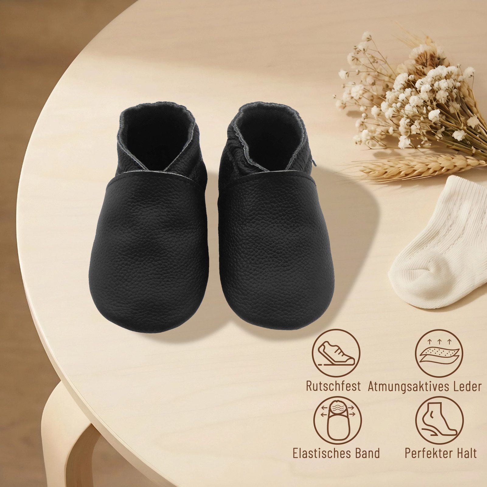 Basrakids Basrakids Baby Lauflernschuhe Leder weich rutschfest Krabbelschuhe Hausschuh Rutschfest – Bild 3 von 5