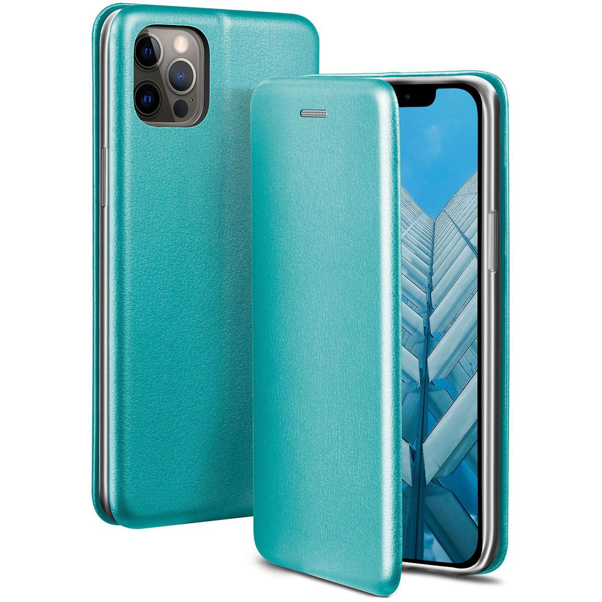 ONEFLOW Handyhülle für iPhone 12 Pro Max Premium Hülle Business Cover Blau 6,7 Zoll, 360 Grad Schutzhülle Flip Case Etui Klapphülle Dünn Leder Handy Tasche