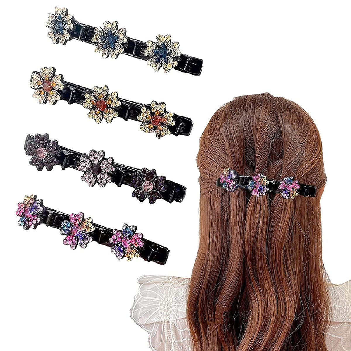 XDeer Haarspange 4 Stück Haarspange Mini Geflochtene Haarspangen mit, 4-tlg., Kristallblume Kolibri Haarspange Blume Haarklammern für Damen