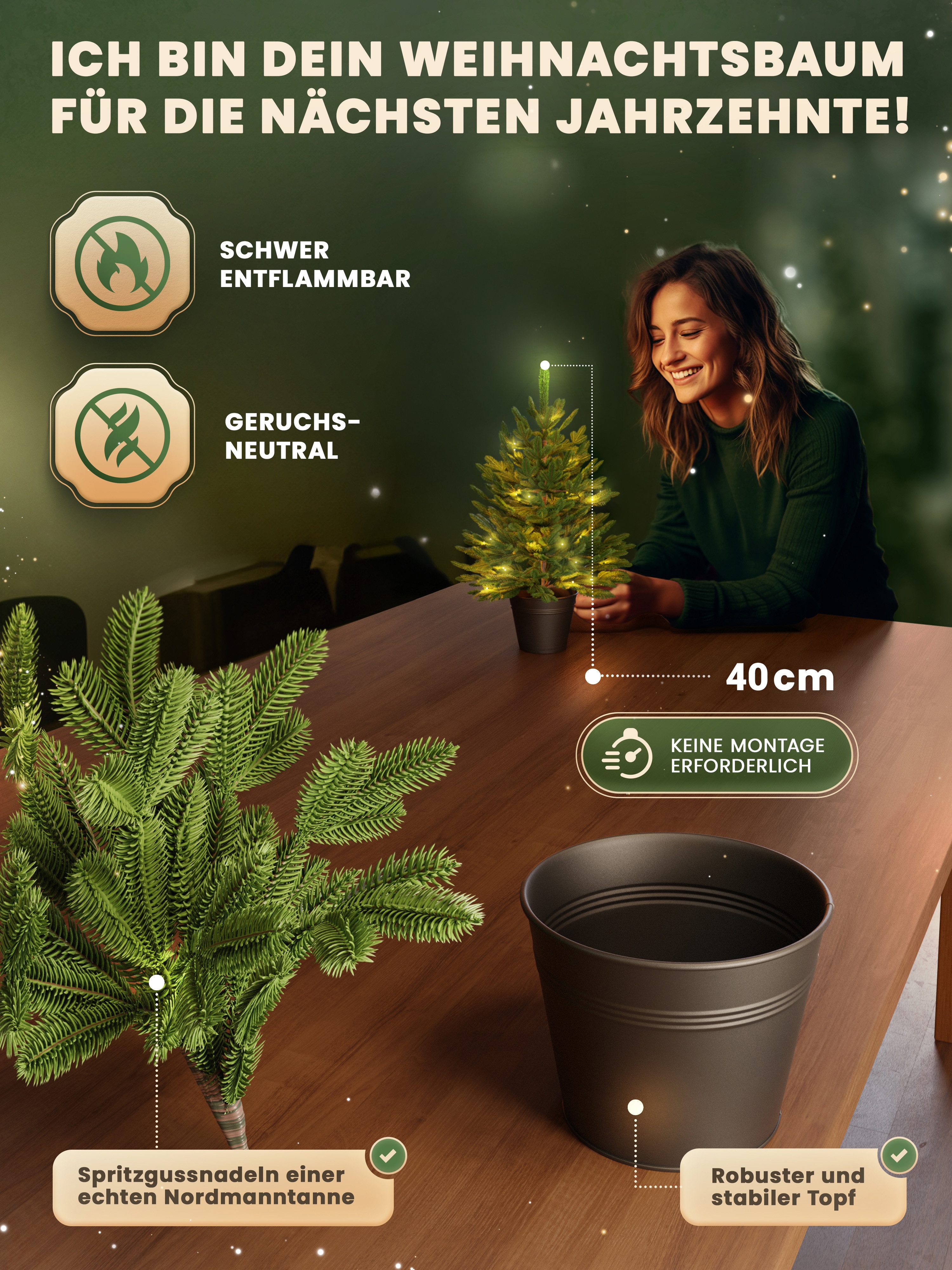 ArtiTree Künstlicher Weihnachtsbaum Künstliche Nordfichte im Topf mit LED – Weihnachtsbaum klein