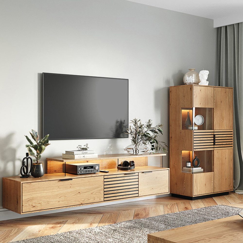 Lomadox Wohnwand TIVAT-163, (2-St., Lowboard Highboard), Eiche massiv geölt inkl. LED-Beleuchtung, Front mit schwarzen Lamellen