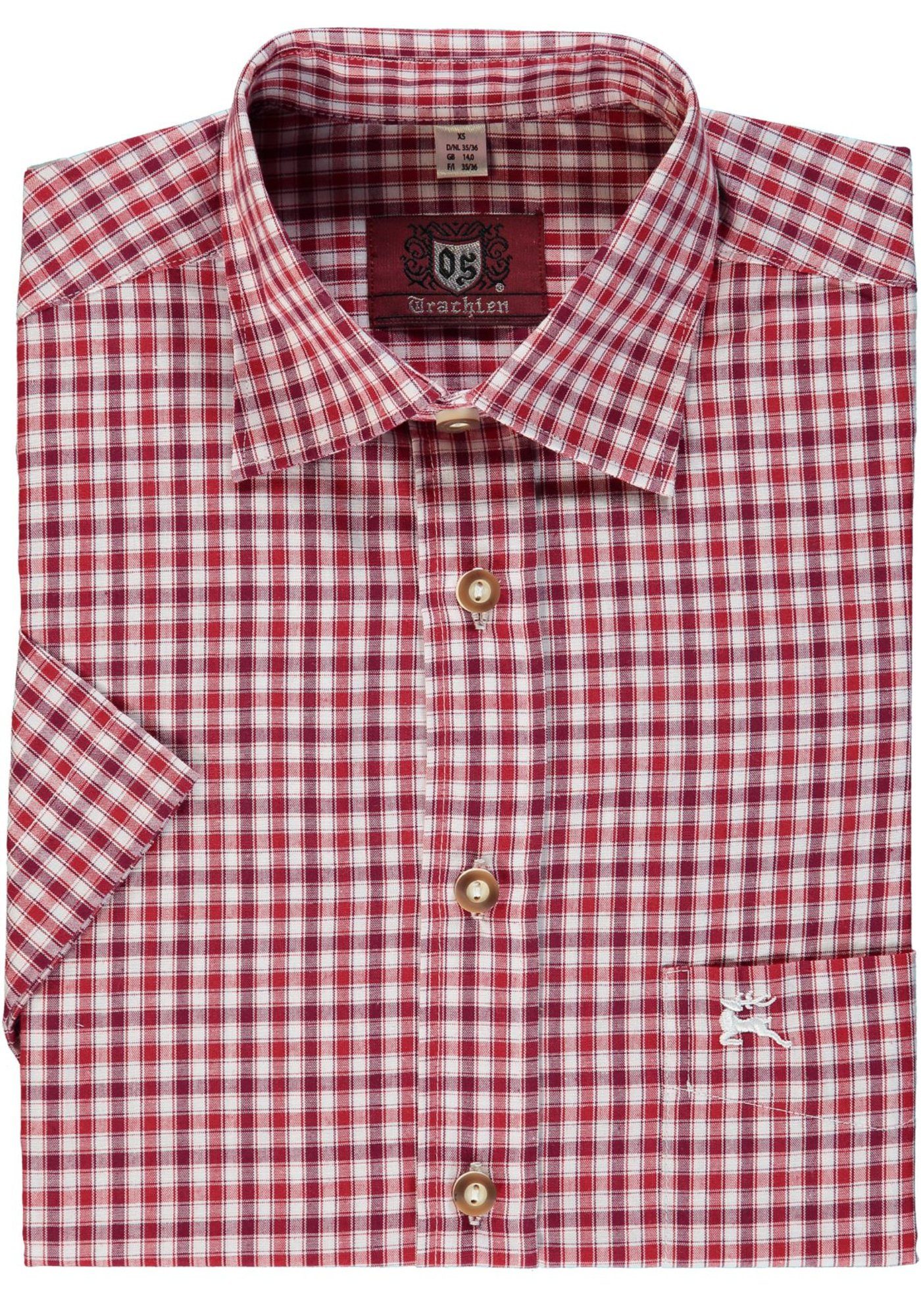 OS-Trachten Trachtenhemd Ipuve Kurzarmhemd mit Hirsch-Stickerei auf der Brusttasche hochrot