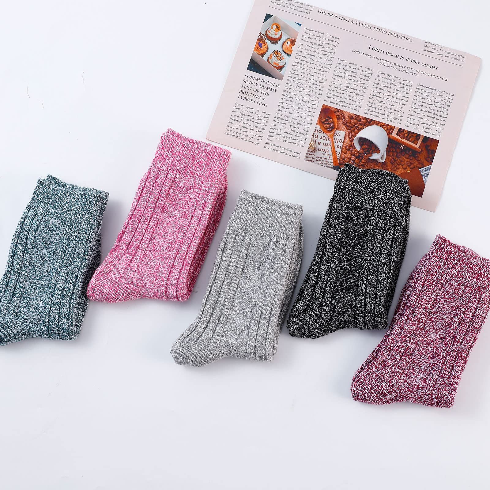 Coonoor Thermosocken 5 Paar Damen Wollsocken, Winter Warme Socken,Dicke Stricksocken 34-40