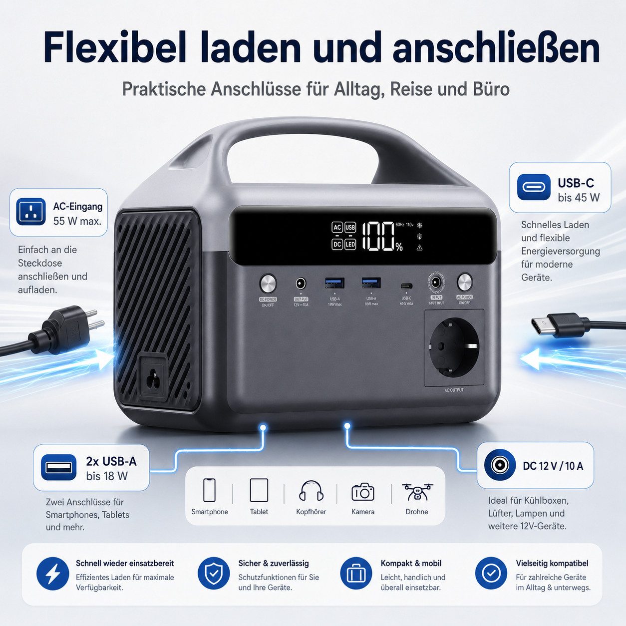 Goldstern-Tech Powerstation Tragbarer Stromspeicher 192 Wh LiFePO4-Akku 60000 mAh (12 V), 600 W Spitzenleistung, USB-C 45 W, LED-Licht – Bild 5 von 5