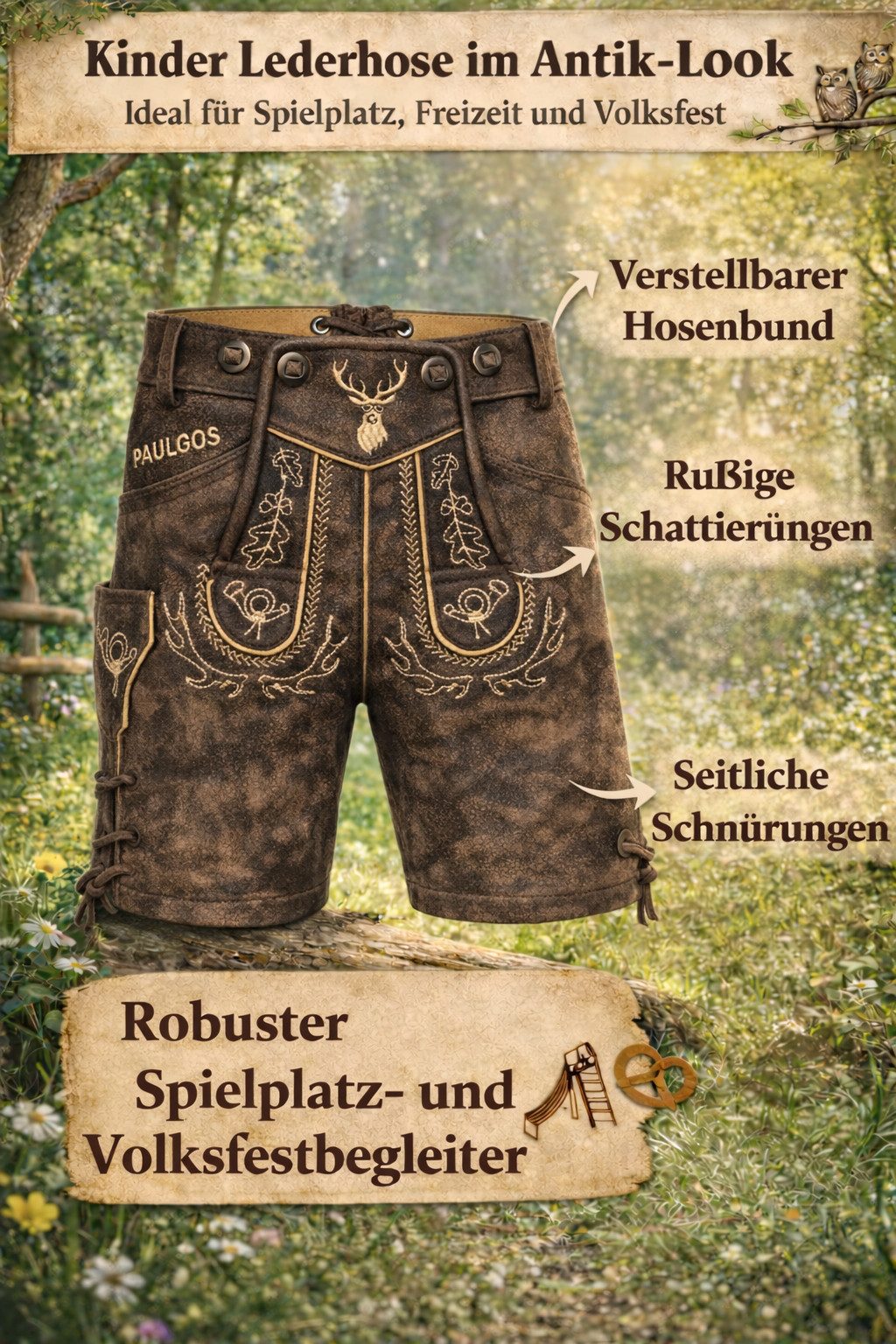 PAULGOS Trachtenhose Kinder Lederhose Kurz mit Trägern 100% Echtleder - KK2 ANTIK