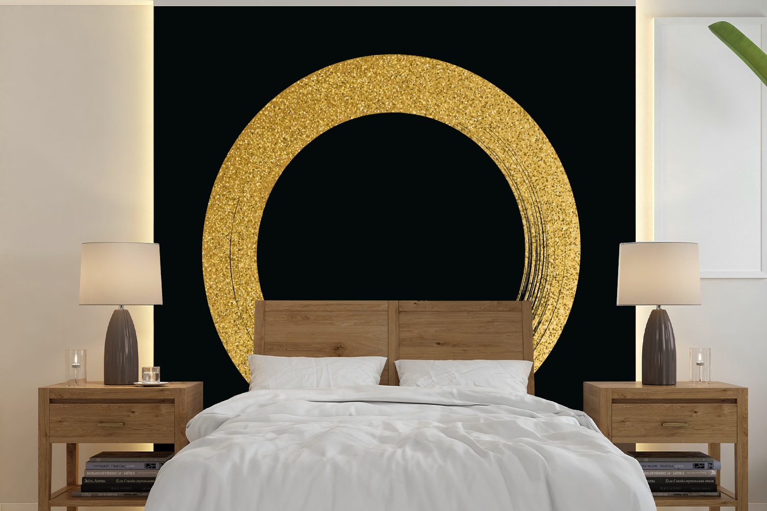 MuchoWow Fototapete Kreis aus goldenem Glitter auf schwarzem Hintergrund, Matt, bedruckt, (5 St), Vinyl Tapete für Wohnzimmer oder Schlafzimmer, Wandtapete