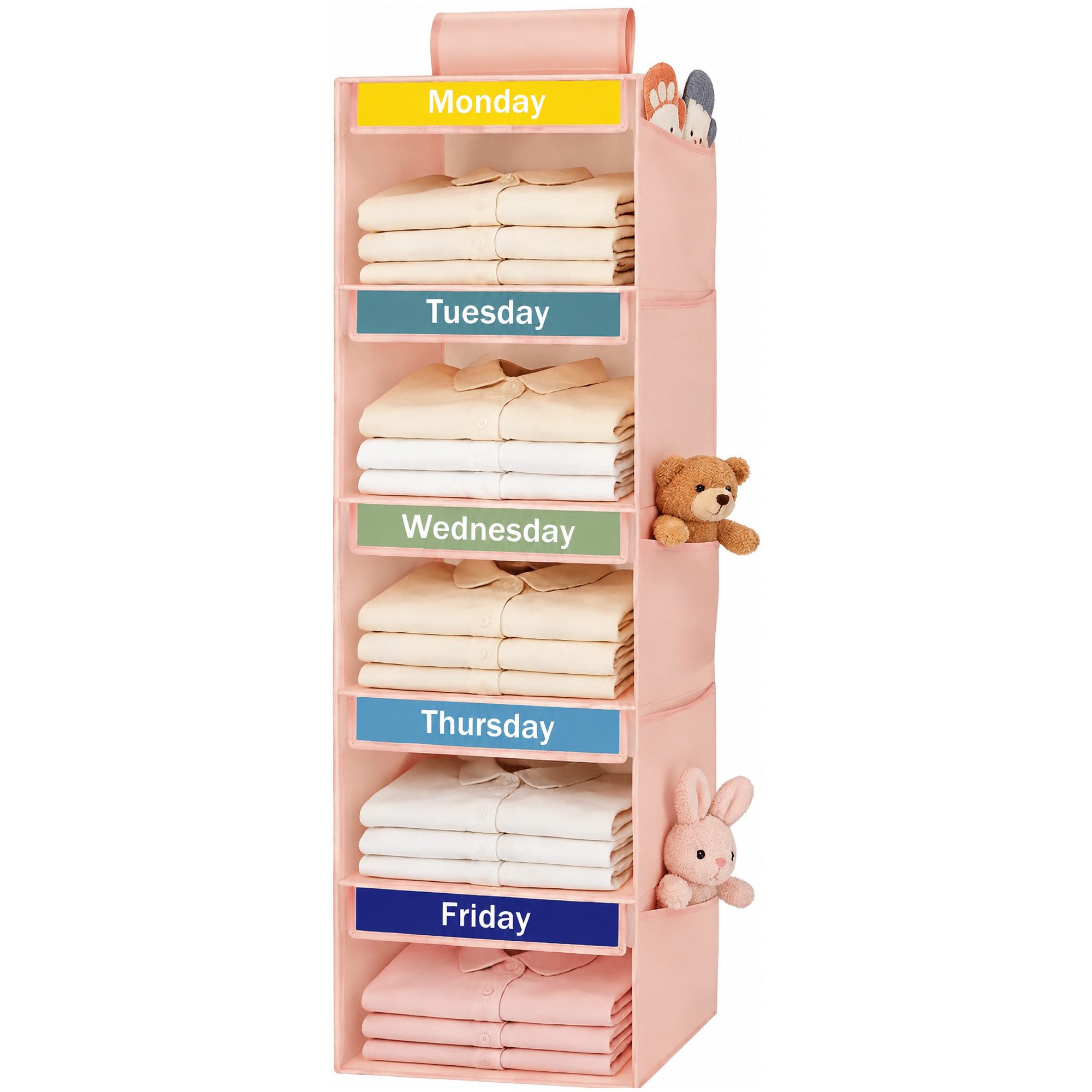 Diwzbyn Hängeregal Kinder Hängeorganizer Kleiderschrank – 5/6 Fächer Wochen Organizer, 1-tlg., mit Seitentaschen, Kleidung Aufbewahrung für Kinderzimmer