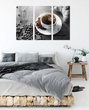 Pixxprint Leinwandbild Tasse Kaffee mit Bohnen und Croissant B&W Detail, Tasse Kaffee mit Bohnen und Croissant B&W Detail 3Teiler (120x80cm) (1 St), Leinwandbild fertig bespannt, inkl. Zackenaufhänger