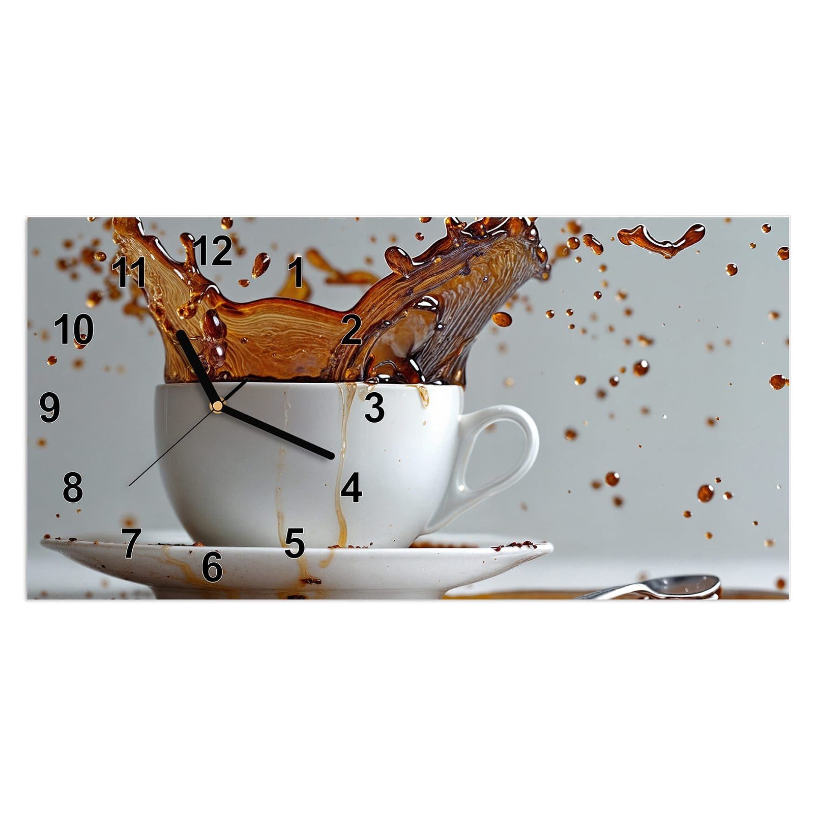 Wanduhr Glasuhr Wandkunst Größe 60 x 30 cm mit Motiv Kaffeeexplosion