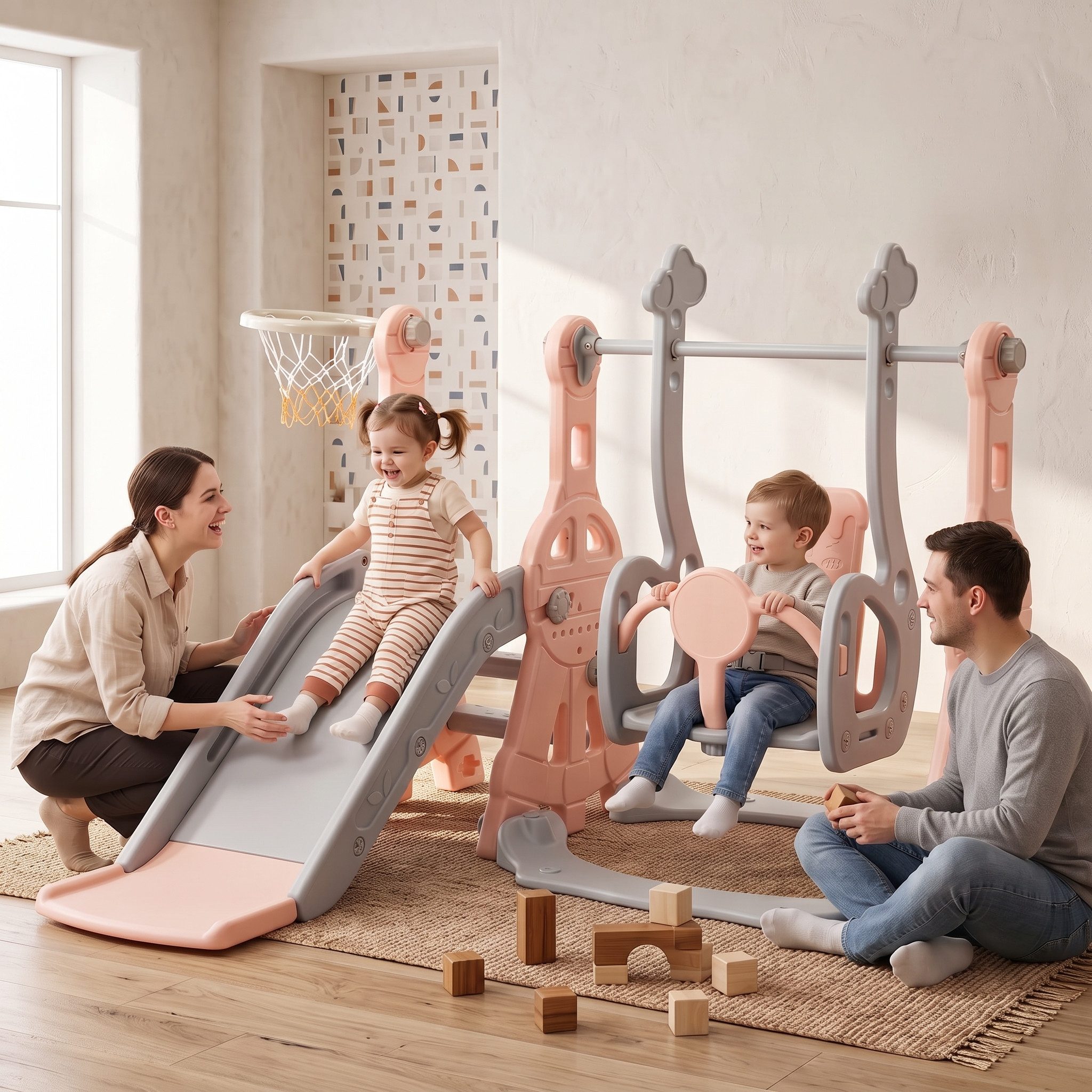 Simurq Indoor-Rutsche Kinderrutsche 4 in 1 Mit Rutsche,Schaukel,Klettergerüst,Basketballkorb, (Gartenrutsche, Kinder Spielplatz,Rosa/Blau, Indoor & Outdoor Rutsche ab 1 Jahre,Freistehende Rutsche)