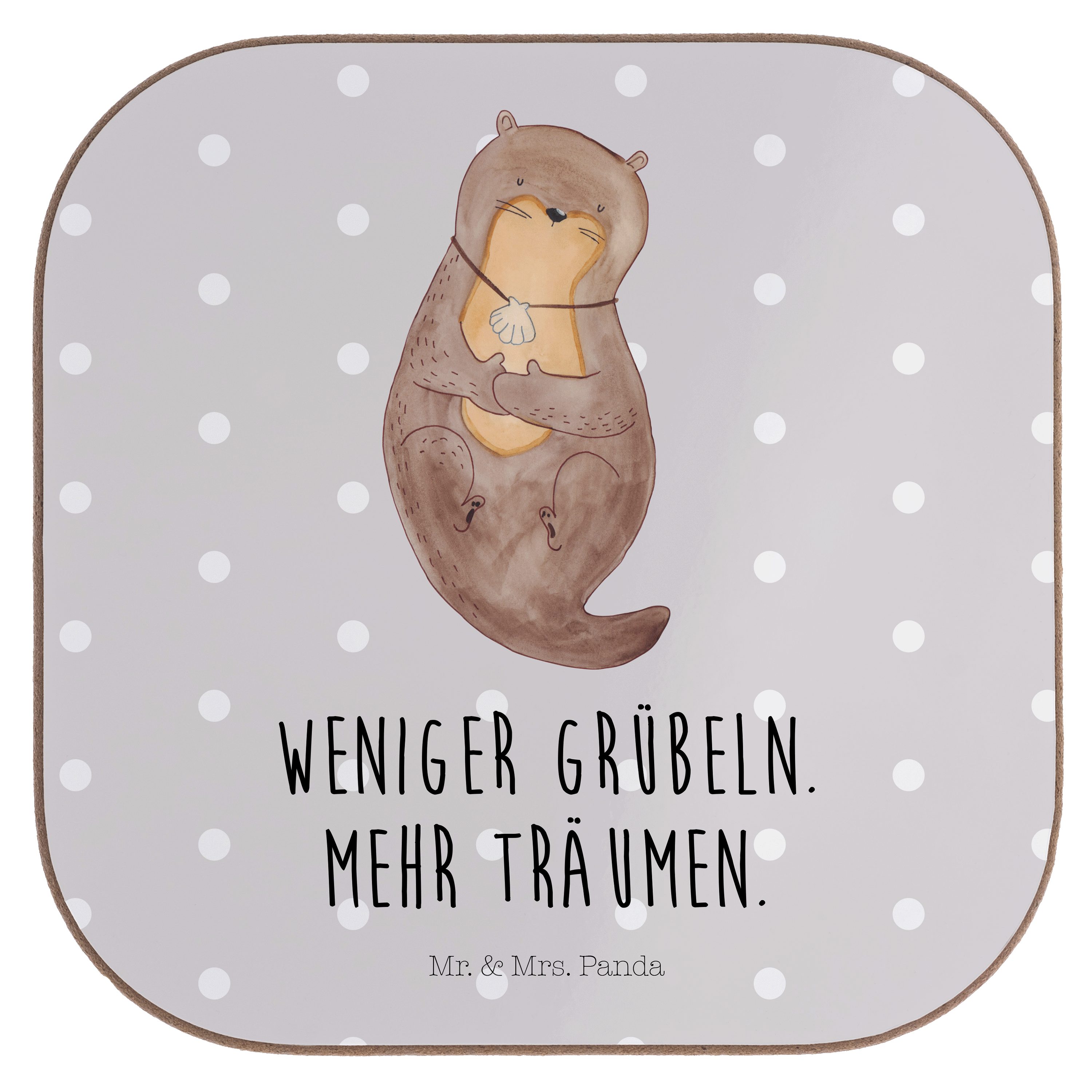 Mr. & Mrs. Panda Getränkeuntersetzer Otter mit Muschelmedaillon - Grau Pastell - Geschenk, süß, Fischotter, 1-tlg.