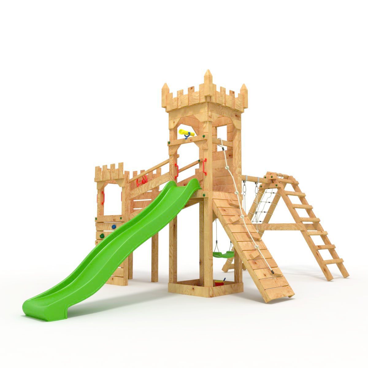 bibex Spielturm Ritterburg "XL150" LANGE Rutsche, 2x Türme, 2x Schaukel + Knotennetz