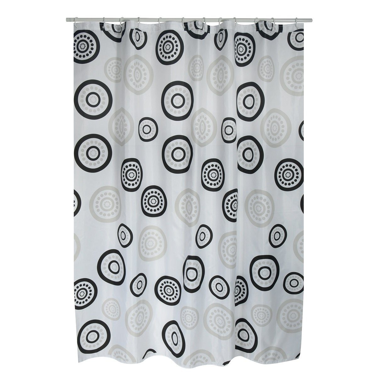 MSV Duschvorhang Cotexsa CIRCULOS Breite 180 cm, Premium Textil-Duschvorhang, Made in Spain, 100% Polyester, wasserundurchlässig, Anti-Schimmel-Effekt, Anti-Bakteriell beschichtet, waschbar 30°, 180 x 200 cm, Farbe weiß / schwarz