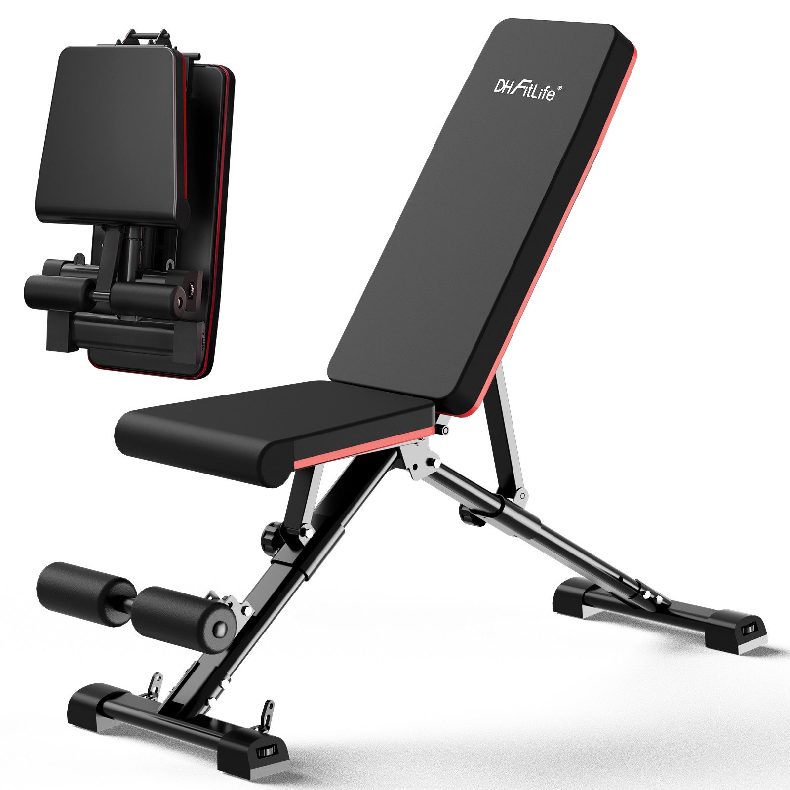 DH FitLife Hantelbank klappbar verstellbar, (7-fach verstellbare Rückenlehne & 3-fach Sitz, multifunktional für Flachbank & Schrägbank, stabil & platzsparend), Trainingsbank Fitnessbank multifunktional für Fitness u. Krafttraining