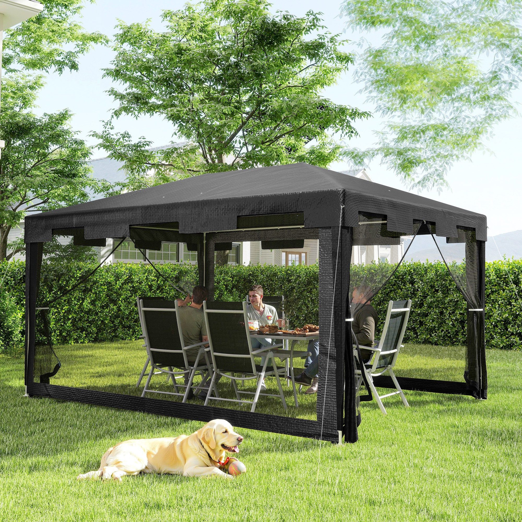 Outsunny Pavillon 4x3m, Rechteckig, mit Moskitonetz, 4 Seitenteile, mit 4 Seitenteilen, (Stabil Winterfest Partyzelt, Gartenzelt), für Camping Garten, Dunkelgrau
