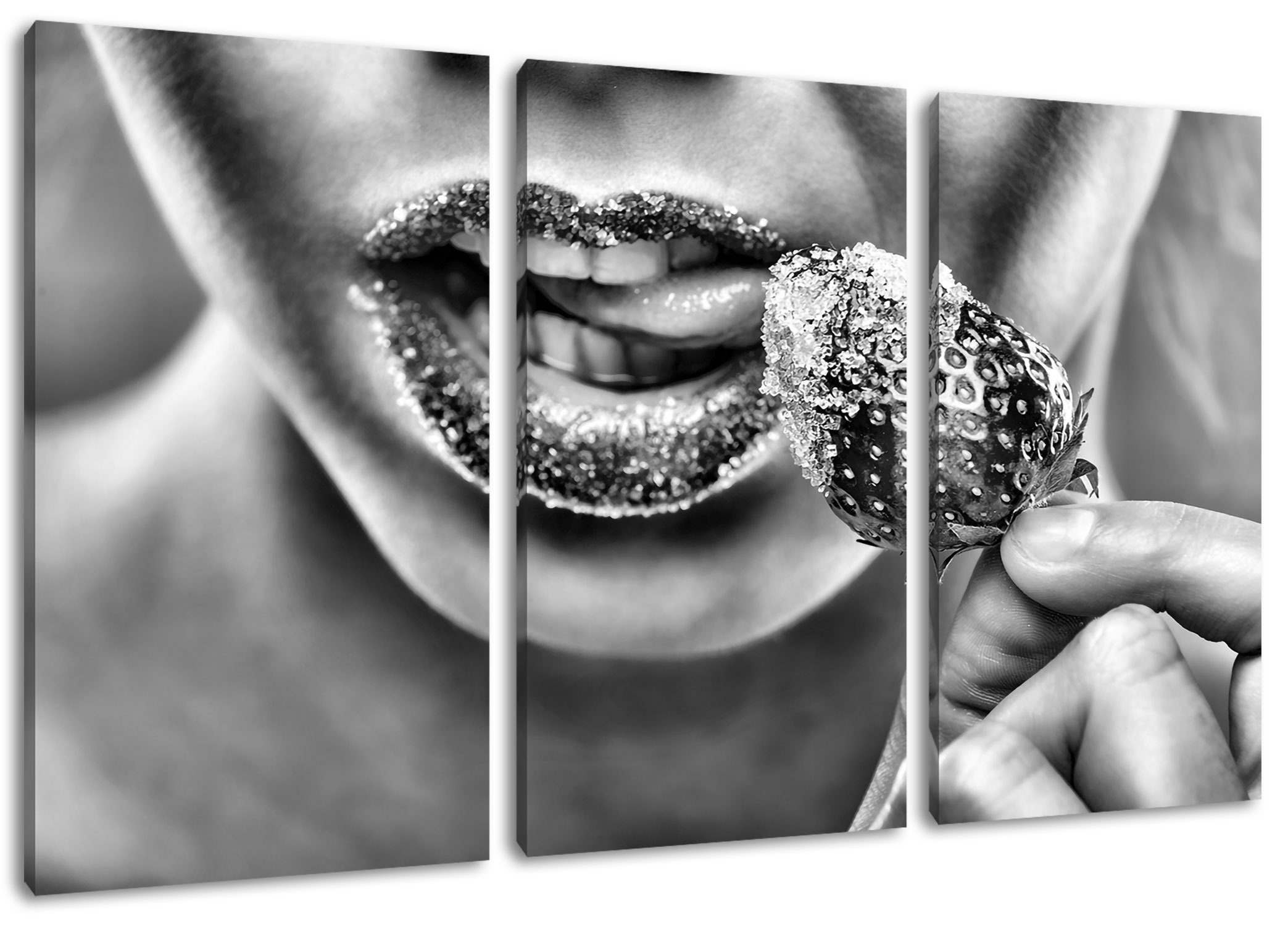 Leinwandbild inkl. bespannt, (1 St), fertig Leinwandbild Erdbeere (120x80cm) Lippen Zucker Erdbeere Zucker Zackenaufhänger 3Teiler Pixxprint Lippen,