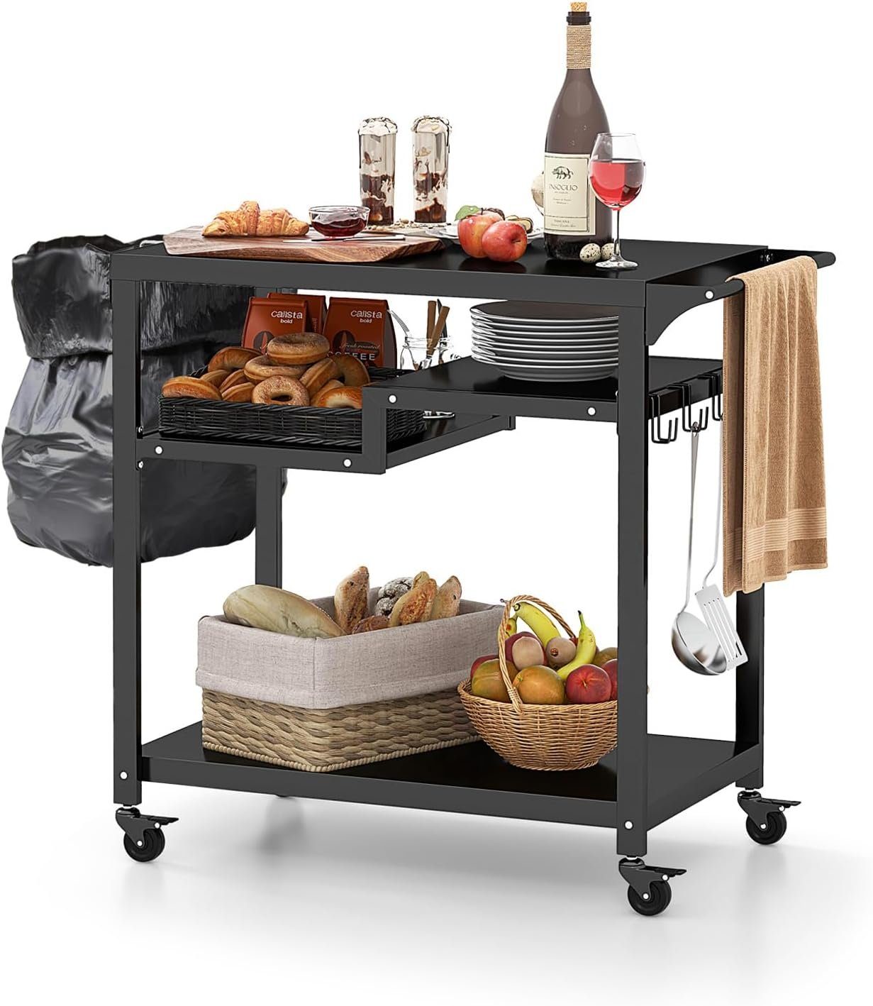 KOMFOTTEU Servierwagen Grillwagen, 4 Ablagen, Haken & Rollen