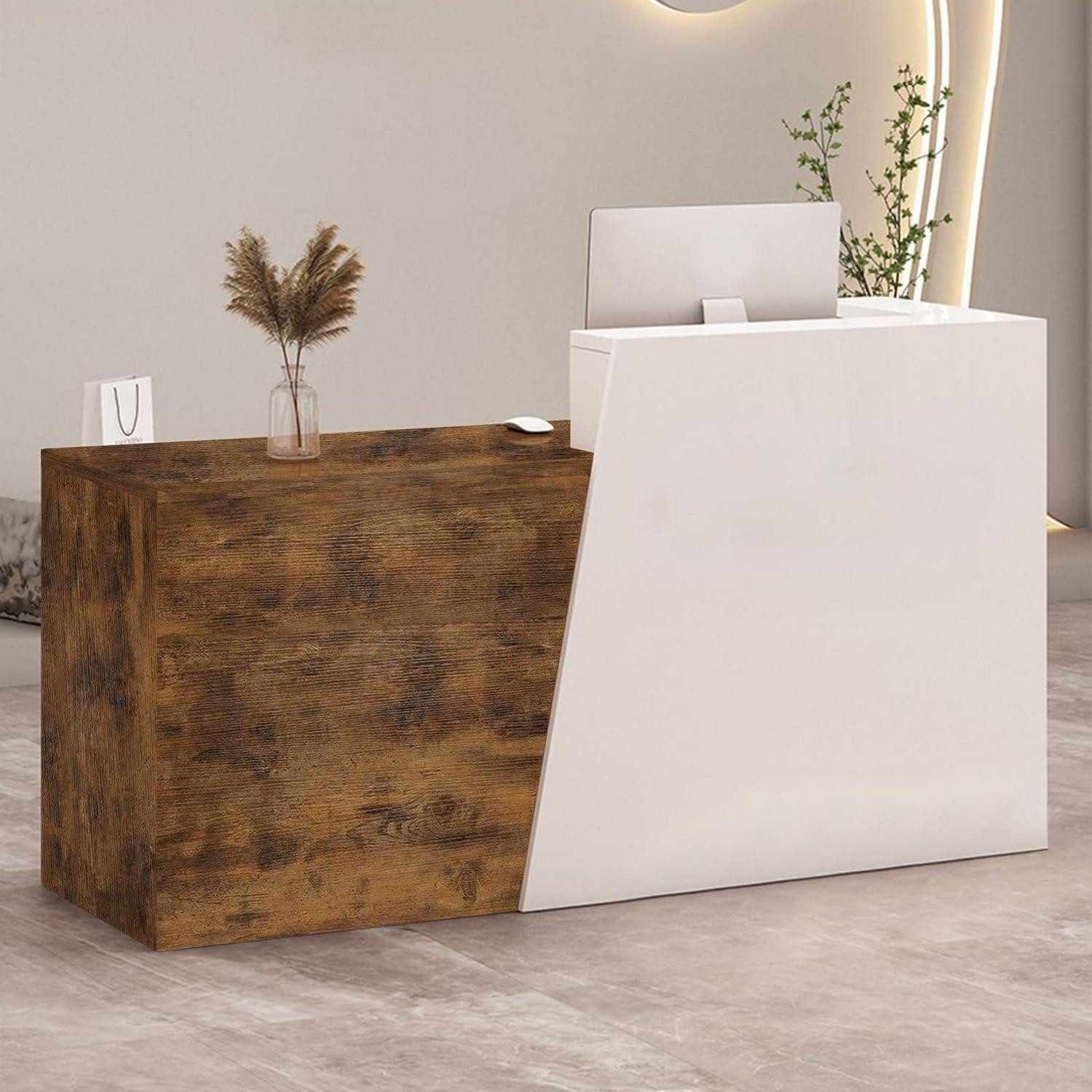 LuxusKollektion Empfangstheke Empfangstheke Schublade 190×42×100cm White + Flamed Wood Right