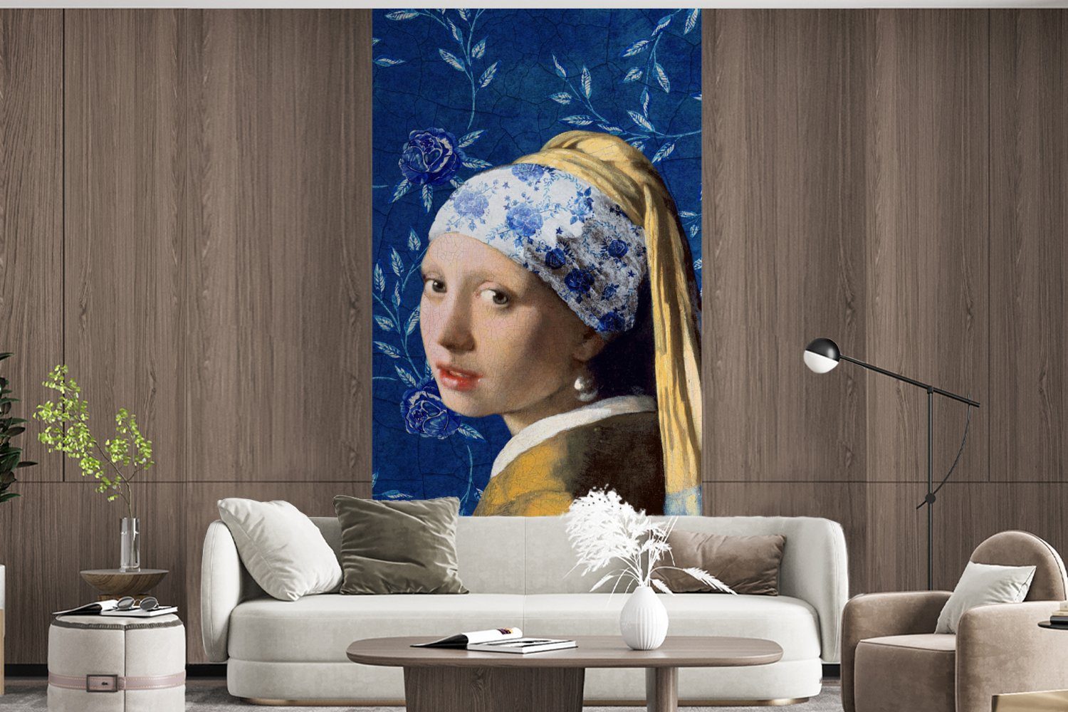 -, - Vermeer Delfter Fototapete Matt, (2 bedruckt, Küche, Fototapete MuchoWow Mädchen Porzellan mit - Perlenohrring - Schlafzimmer Vliestapete für Wohnzimmer Blumen St),