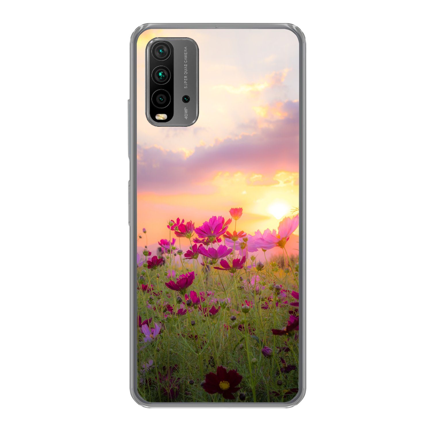 MuchoWow Handyhülle für Xiaomi Redmi 9T Sonnenuntergang - Blumen - Rosa - Natur - Grün, Phone Case, Silikon, Schutzhülle Dünn