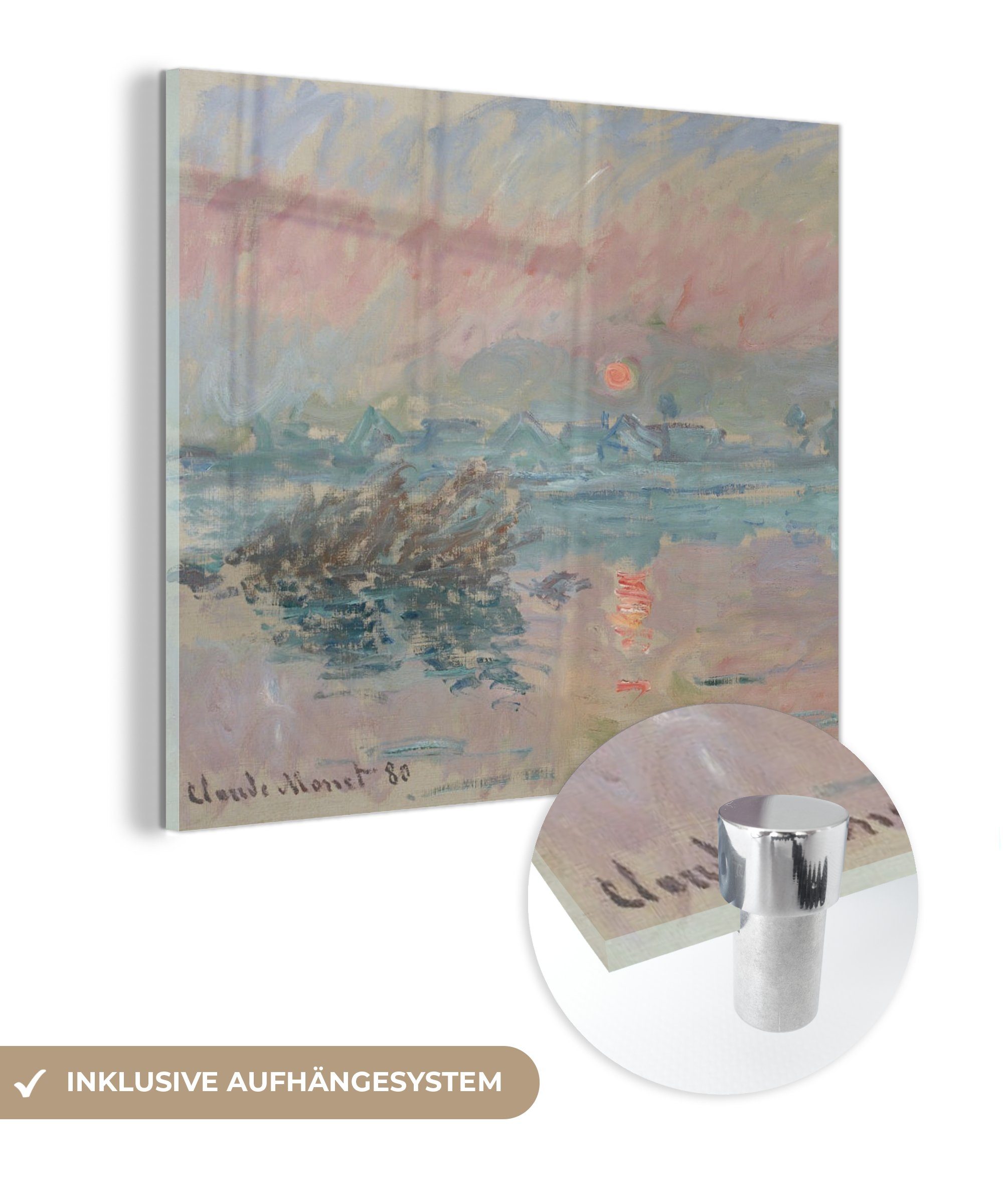 Glasbilder St), Glas Acrylglasbild (1 - Claude Monet, Glas an Sonnenuntergang auf der auf Lavacourt Seine Wandbild Wanddekoration Bilder - - - Foto bei MuchoWow