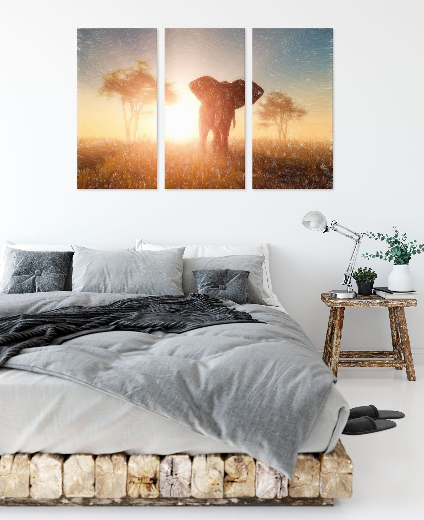 in Wüste, bespannt, in St), inkl. Elefant Wüste der 3Teiler Elefant Leinwandbild fertig der (120x80cm) Zackenaufhänger Leinwandbild (1 Pixxprint