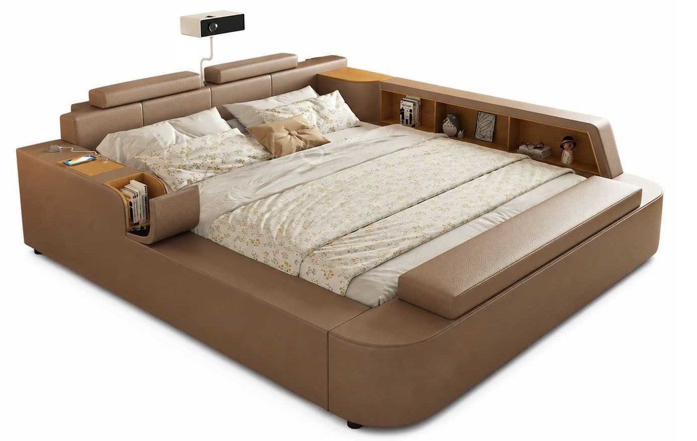 JVmoebel Polsterbett Modernes braunes Luxus Bett mit Beamer Ablagen und elegantem Design, Made in Europa