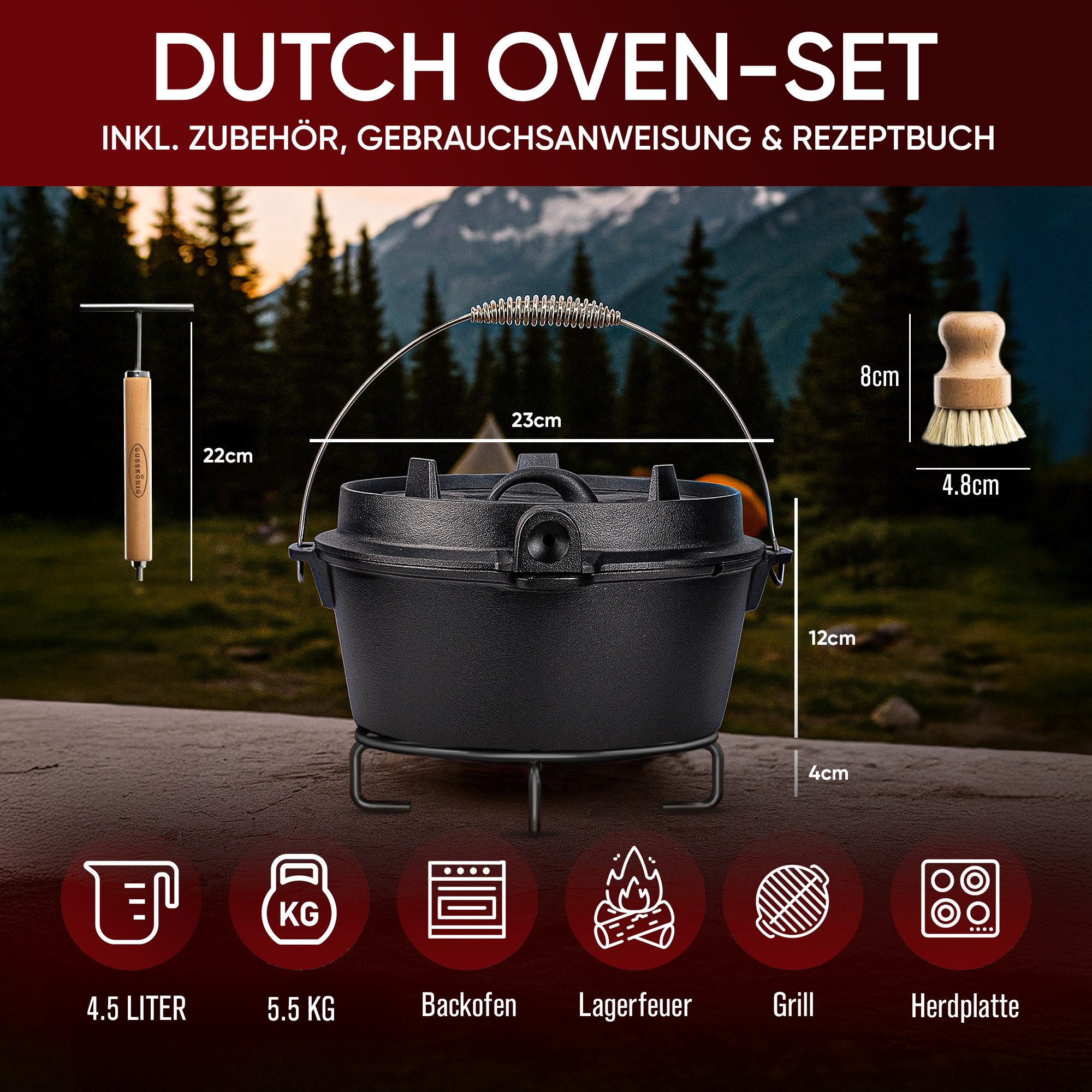GUSSKÖNIG Schmortopf GUSSKÖNIG Dutch Oven Set 4,5 Liter 2in1 Deckelheber Bürste Rezeptbuch