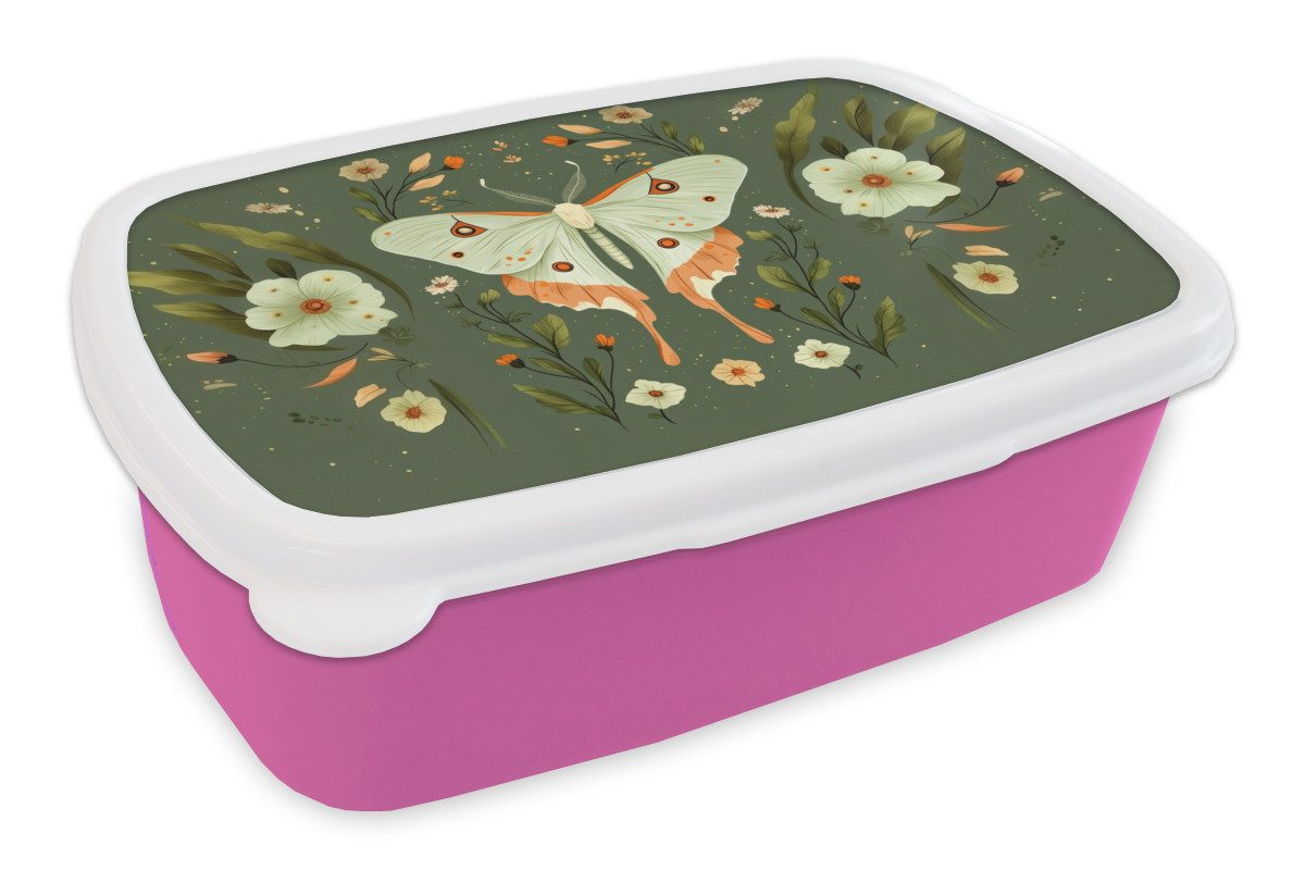 MuchoWow Lunchbox Blumen - Blätter - Olivgrün - Schmetterling, Kunststoff, (2-tlg), Brotdosen, Lunch Box, Brotbox für Kinder und Erwachsene