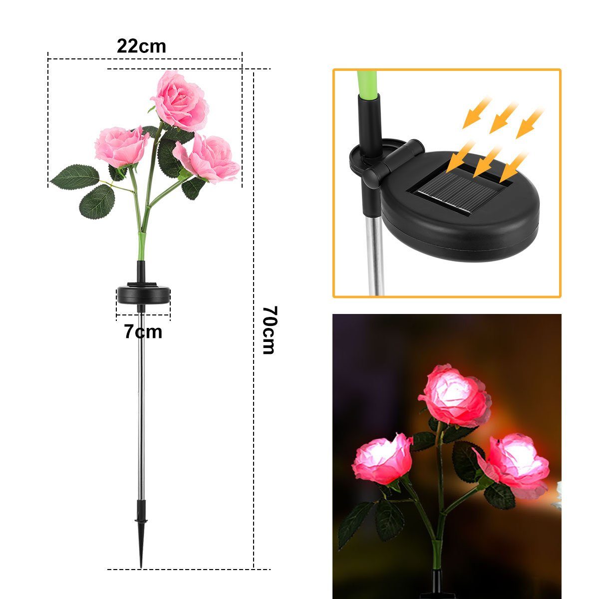 Breiterem rosa oyajia LED Wasserdichte für Blume fest Garten, Außen Solarpanel LED 3 LED Licht, Tageslichtweiß, integriert, Solarlampen IP65 Solarleuchte Rose Größerer Solar