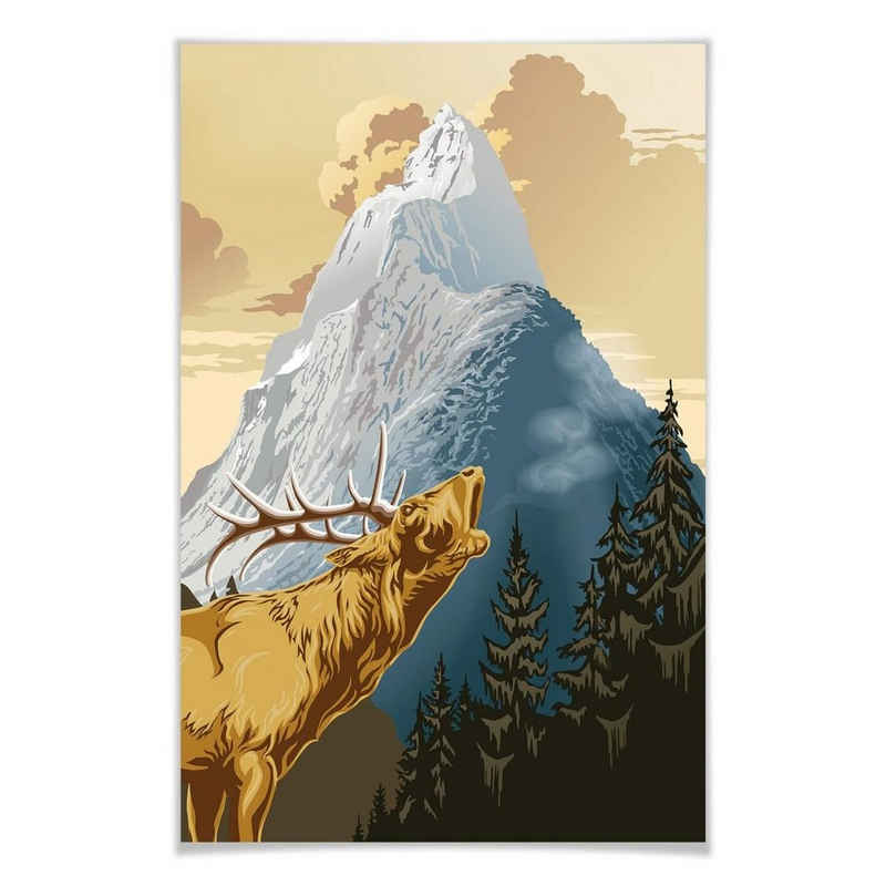 Wizard + Genius Poster XXL Poster Elch Fantasie Wald Gebirge großes Wandposter 115x175 cm, Wohnzimmer Wandbild modern