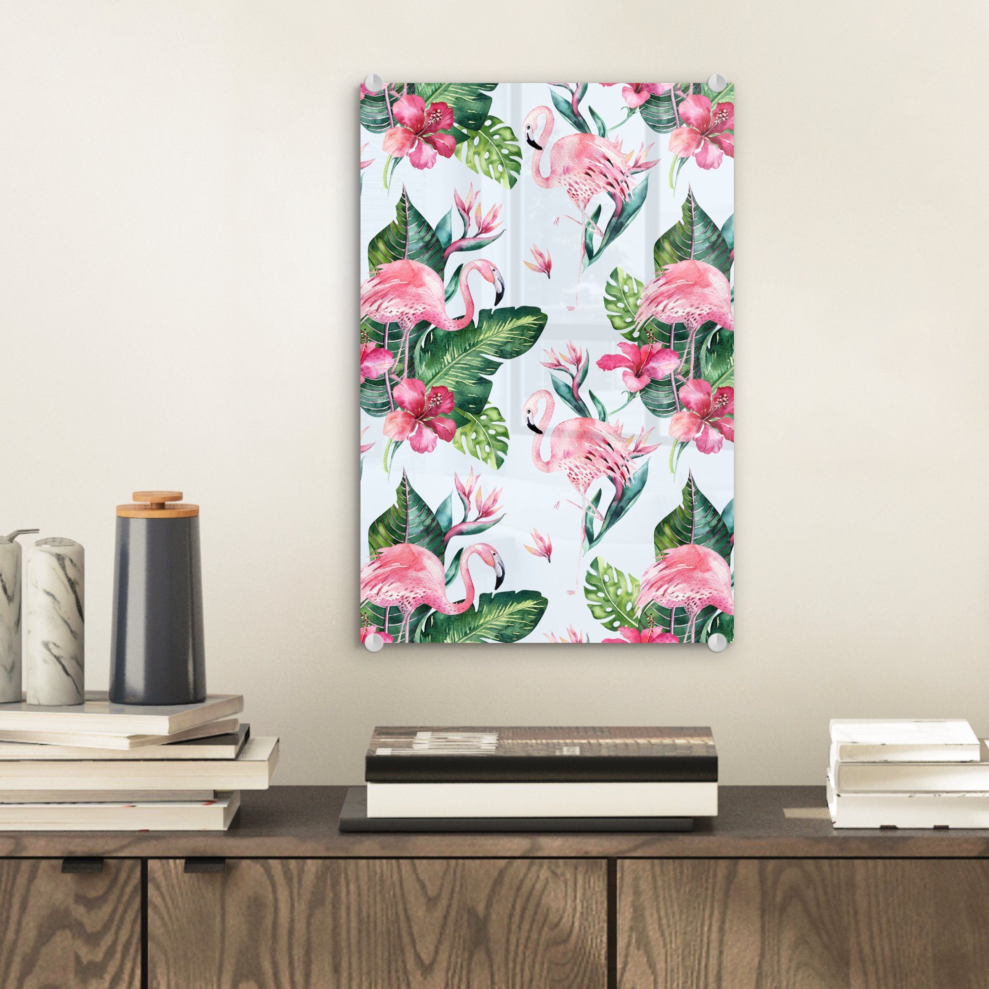 auf Glas auf Wanddekoration Acrylglasbild - Blätter St), - - MuchoWow Wandbild Foto (1 - Muster Glas - Flamingo, Bilder Glasbilder bunt