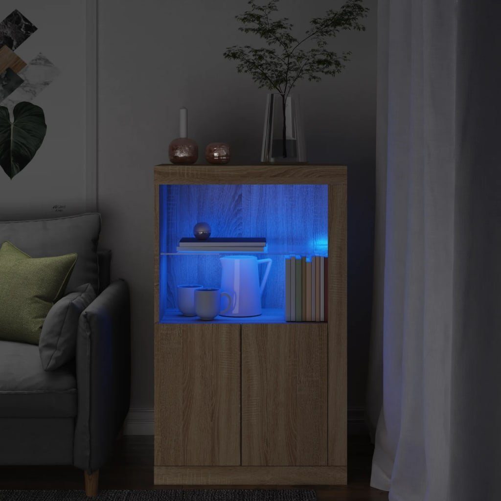 vidaXL Fächerschrank Beistellschrank mit LED-Leuchten Sonoma-Eiche Holzwerkstoff (1-St) Sonoma Eiche