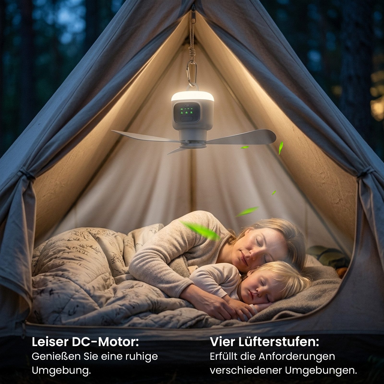 Rosnek Deckenventilator mit Beleuchtung, grau, tragbar, 4 Stufen, Fernbedienung,7-16h Laufzeit, 12000mAh, leise, für Zelt, Pavillon, Terrasse, Wohnmobil & Büro