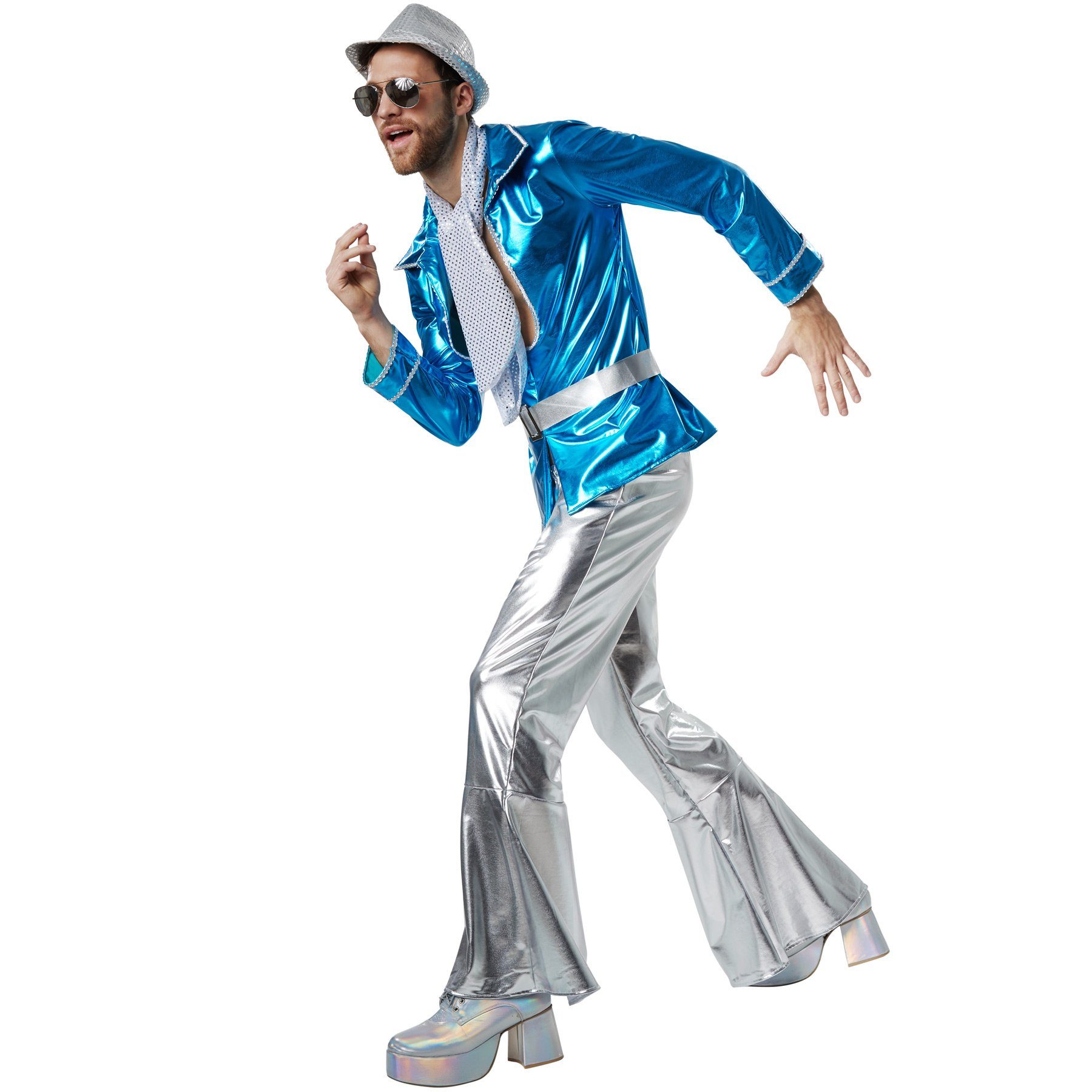 dressforfun Hippie-Kostüm Tänzer/Sänger, Gr. XXL, Silberner Gürtel mit Schnalle in Metalloptik, in der Farbe blau, Hose mit Gummizug und weit ausgestelltem Bein