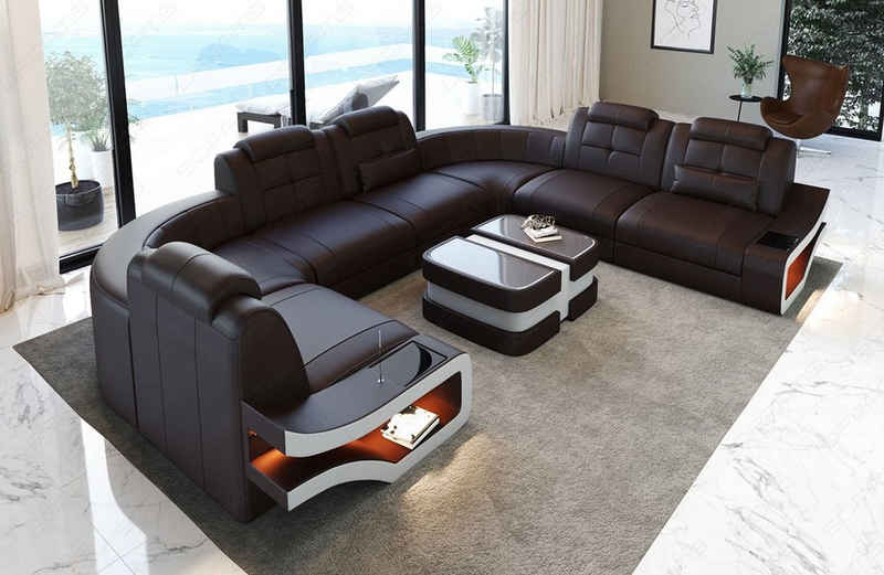 Sofa Dreams Wohnlandschaft Leder Couch Sofa Elena U Form Ledersofa, U-Form Ledersofa mit LED-Beleuchtung