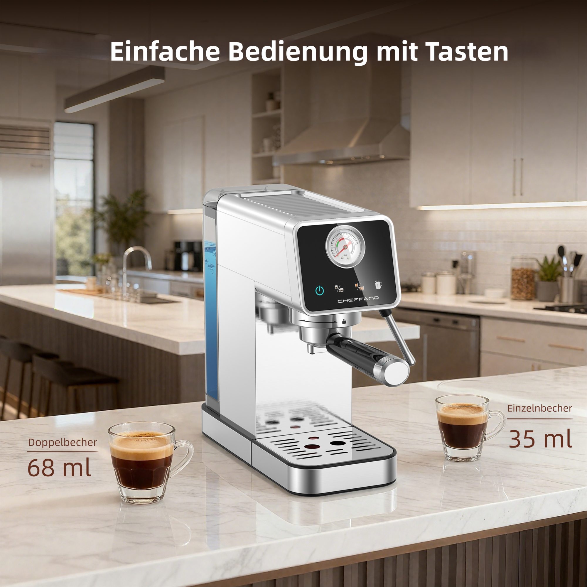 CHEFFANO Espressomaschine 20 Bar, Edelstahl Siebträgermaschine mit Milchaufschäumer, Extraktion