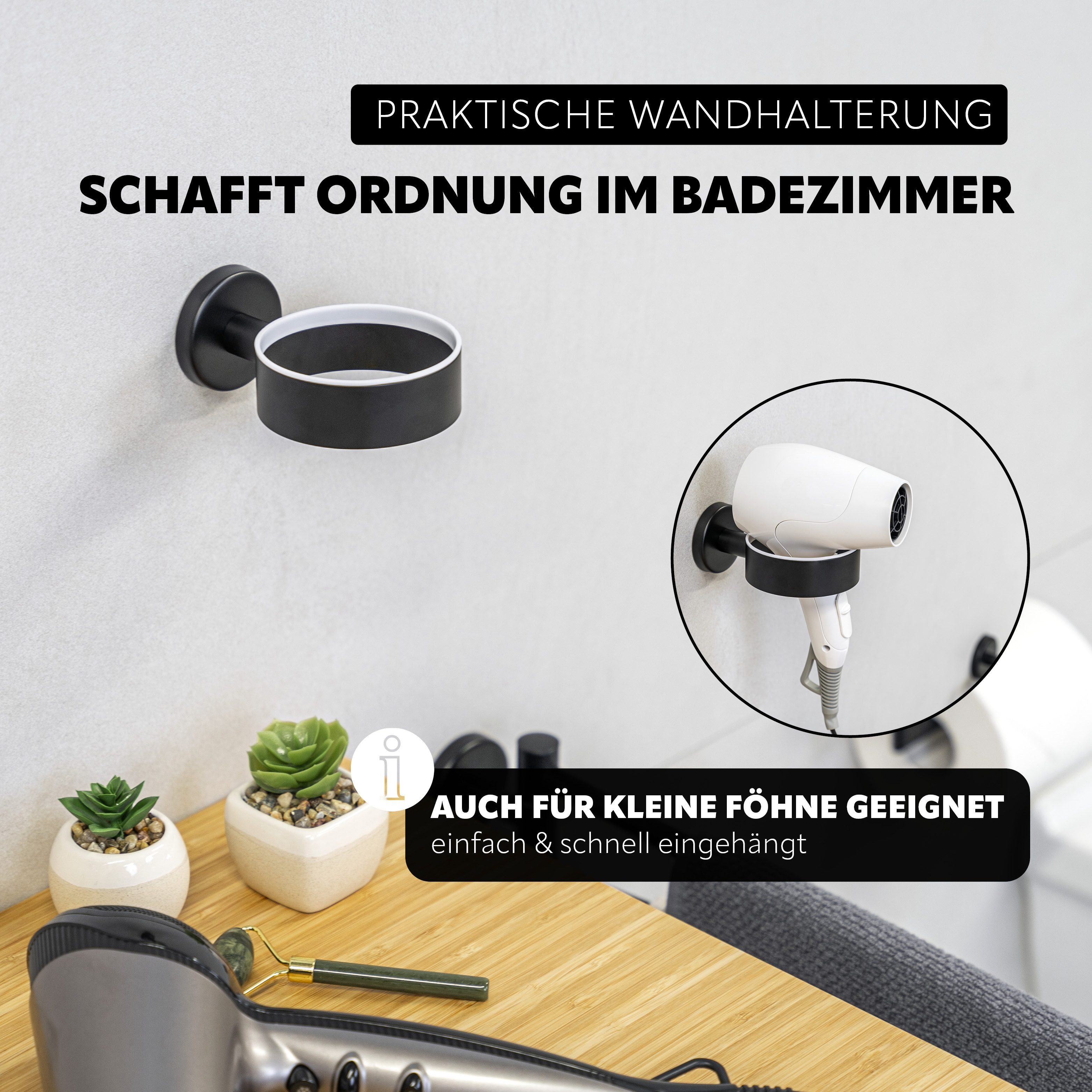 bremermann Haartrocknerhalter Bad-Serie PIAZZA BLACK - inkl. Klebeset, matt schwarz – Bild 4 von 5