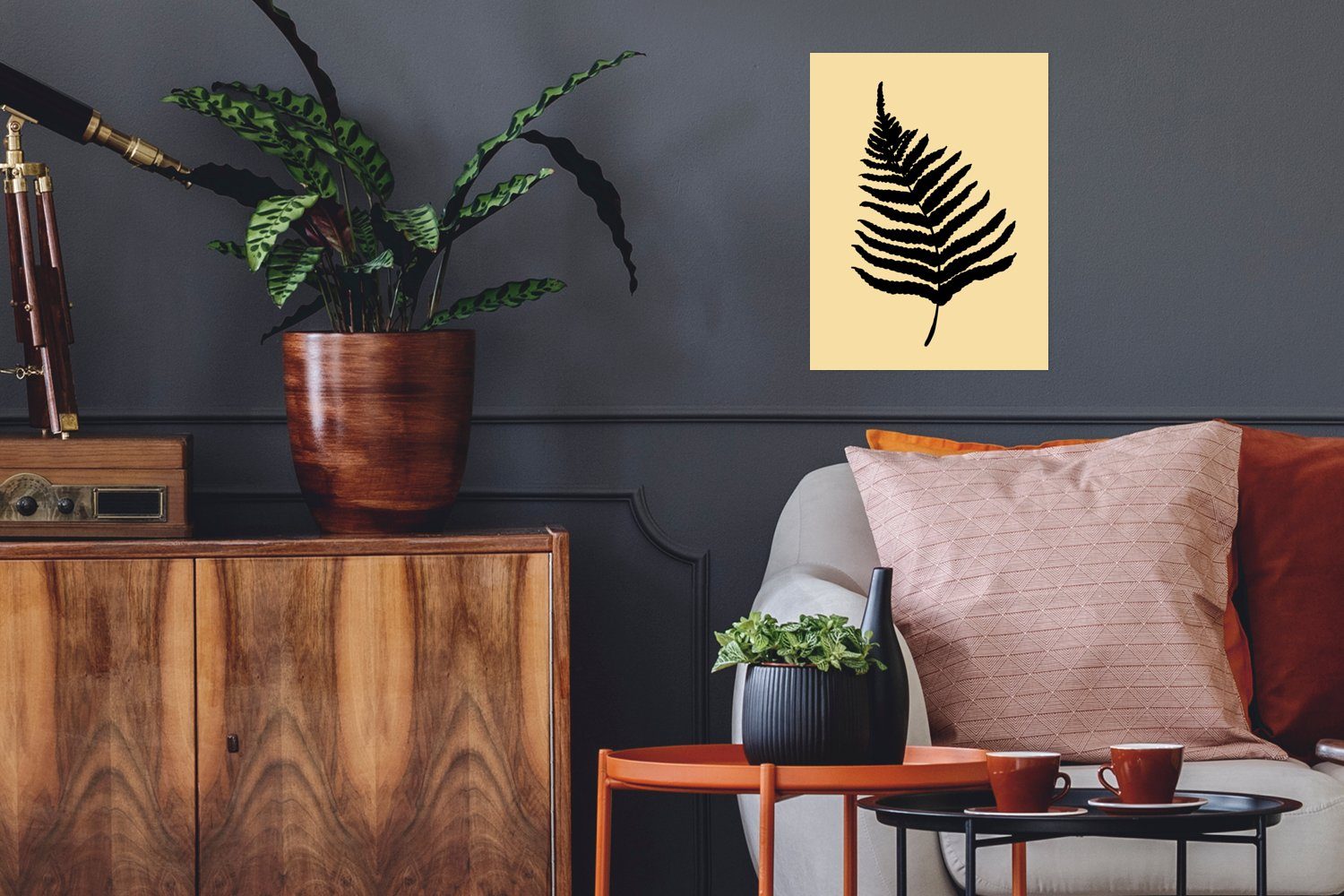 - MuchoWow Rahmen Farnblatt, (1 Wandbild, Poster, - - St), Poster Wandposter Wohnzimmer, Schwarz Gelb Pflanzen für Blätter - Ohne