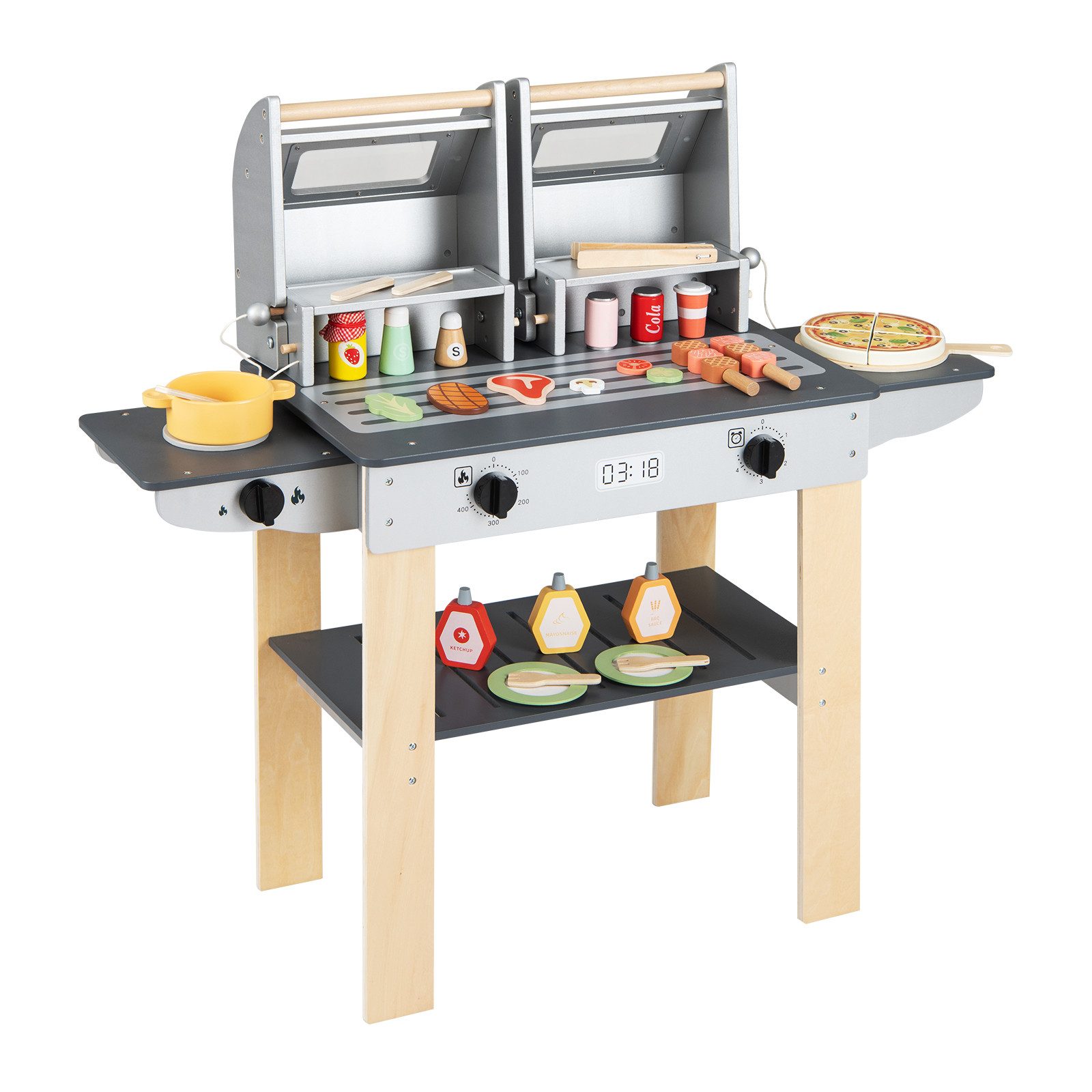 COSTWAY Kinder-Grill, Kindergrill mit Grillbesteck, 2 Grills & Klappdeckeln