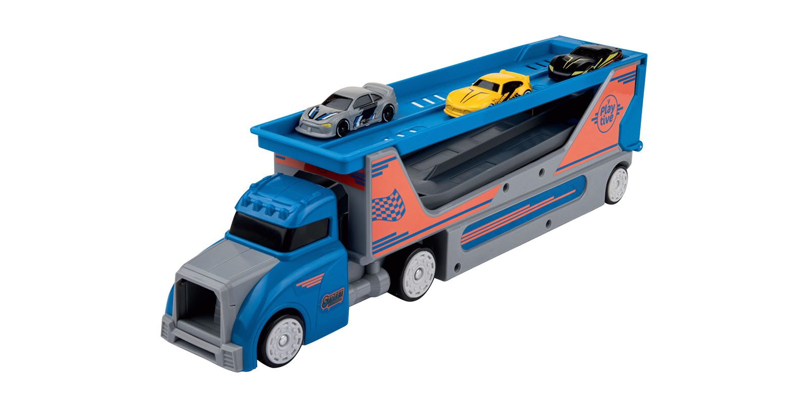 Playtive Spielzeug-LKW Racers Autotransporter blau mit Abschussfunktion Spielzeug Kinder, (Fahrzeugset, 5-tlg., 5-teilig), Mit Abschussfunktion