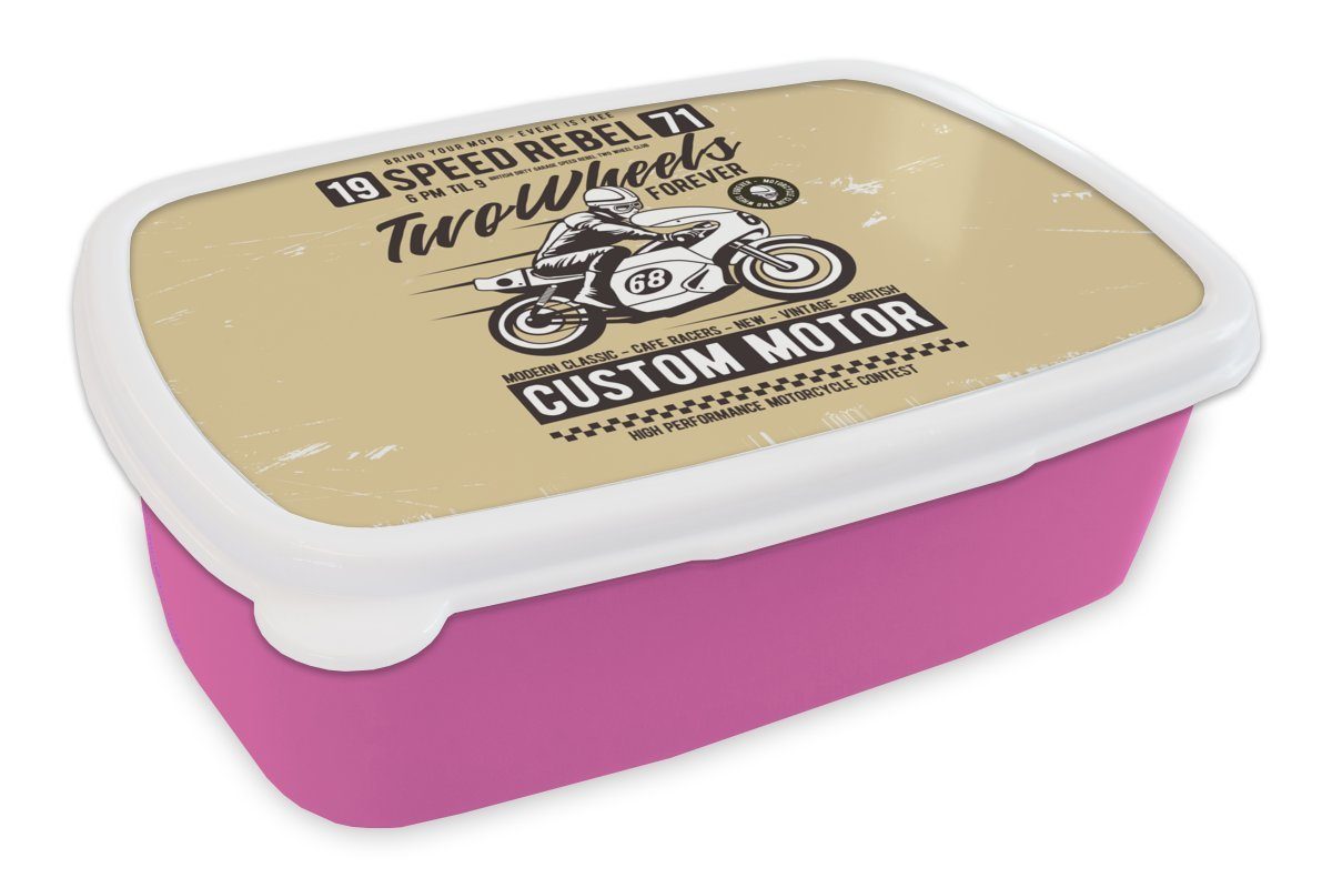 MuchoWow Lunchbox Motorrad - Vintage - Zeichnung - Zitat, Kunststoff, (2-tlg), Brotbox für Erwachsene, Brotdose Kinder, Snackbox, Mädchen, Kunststoff rosa
