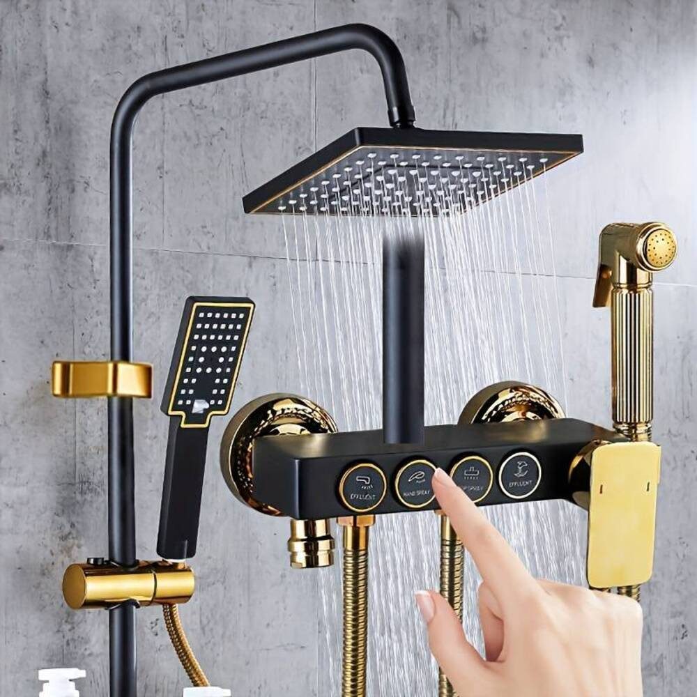 DENU-Home Duschsystem Brausegarnitur Schwarz Gold Thermostat-Mischbatterie günstig online kaufen