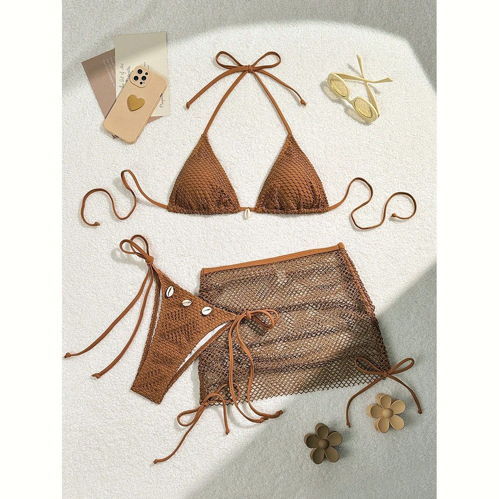 Bustier-Bikini 3-tlg.Damen-Bikini Netz/Stretch UPF50 Uni-Farben Strand-Pool