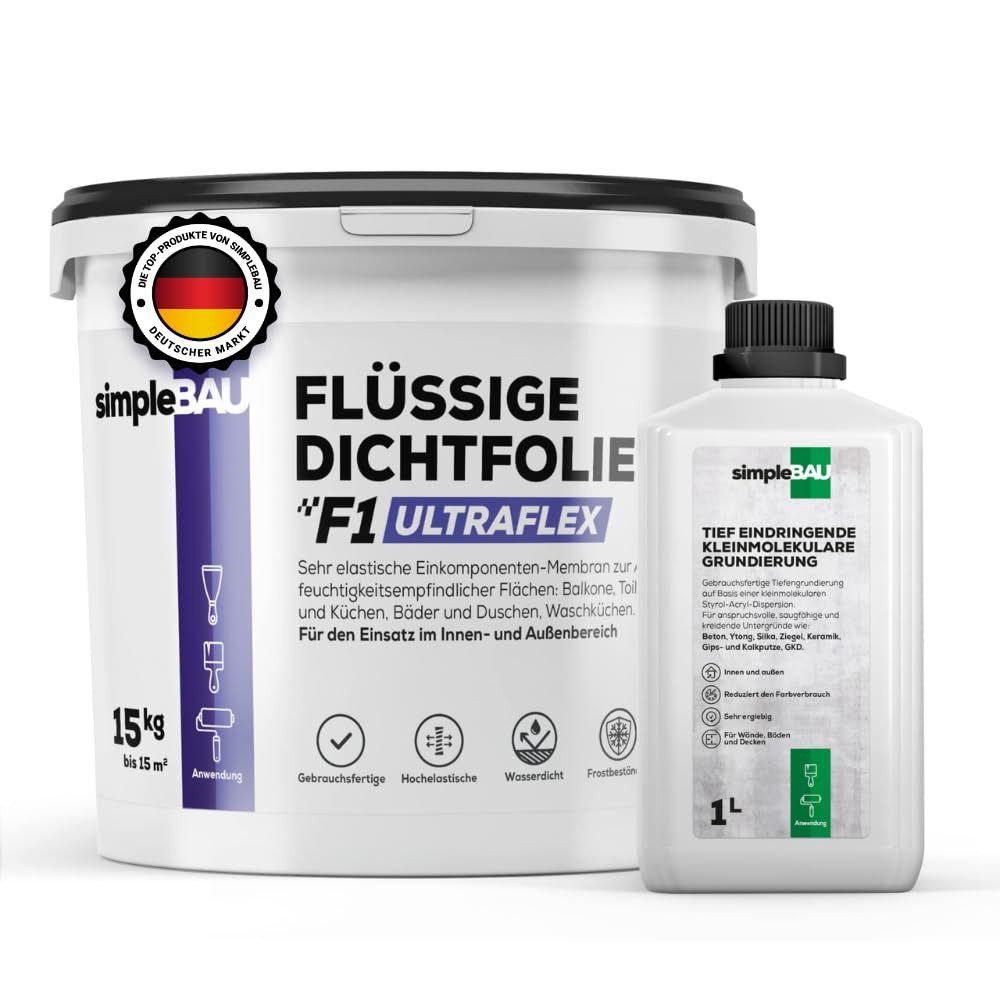 simpleBAU Dichtstoff Flüssigfolie Dichtfolie F1 Ultraflex 15 KG + 1L Tiefengrund