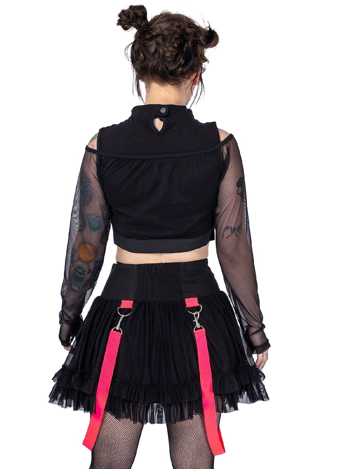 Poizen Industries Stufenrock Chaotic Schwarz Pink Goth Gothic Schnürung Volant Riemen Nieten
